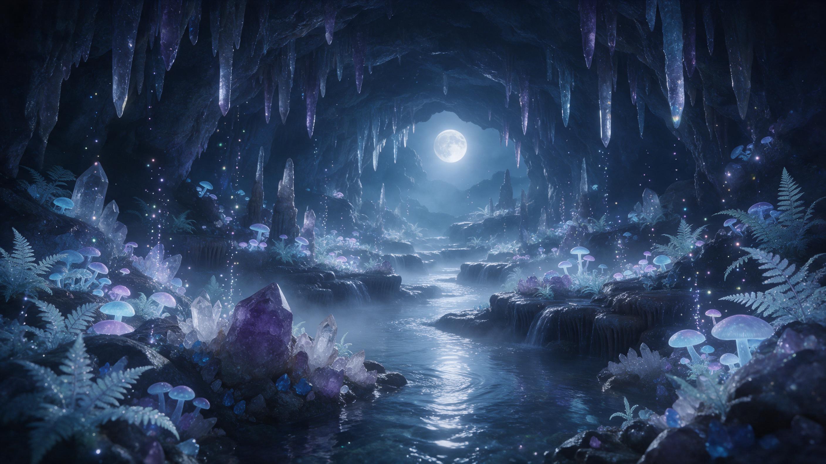 A moonlit crystal cavern, bioluminescent fungi glow in pale blue and violet, stalactites reflect prismatic light, a misty underground stream winds through the center, delicate ferns sway in gentle air currents, soft magical particles float upward, ethereal and tranquil.