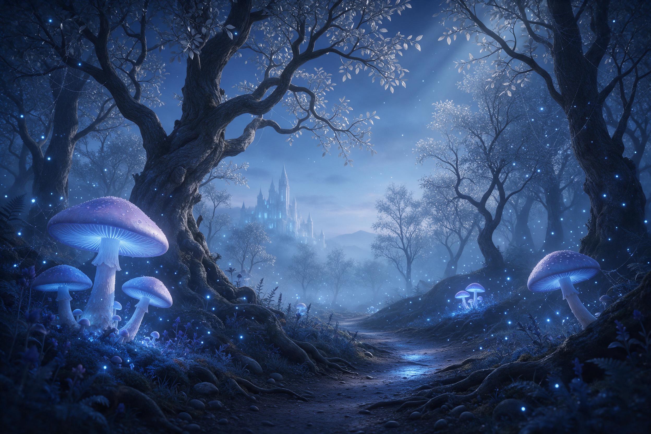 An ethereal forest at twilight, massive bioluminescent mushrooms glowing soft blue and violet, ancient twisted trees with silver leaves, a narrow winding path leading to a faintly glowing castle in the mist, fireflies drifting, cool color palette, volumetric light rays, atmospheric depth, dreamlike 