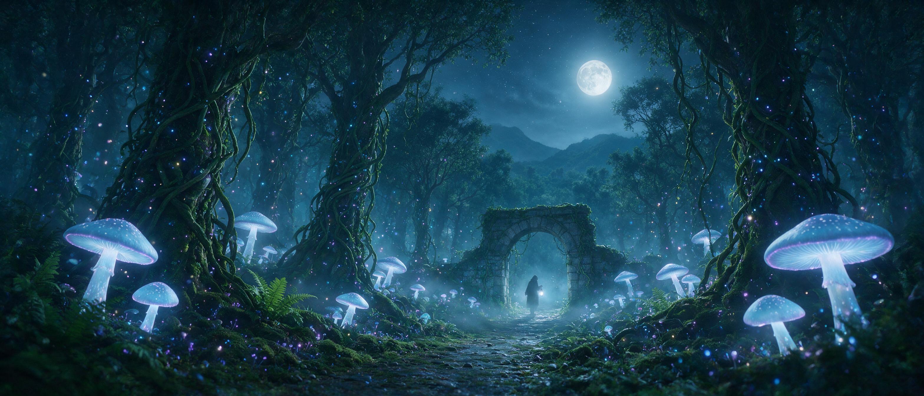 A moonlit bioluminescent forest where giant glowing mushrooms and winding vines cast soft blue and violet light on a misty path, a lone hooded figure with a lantern walks toward an ancient stone archway, ethereal particles floating in the air, cinematic wide shot, shallow depth of field, mysterious 