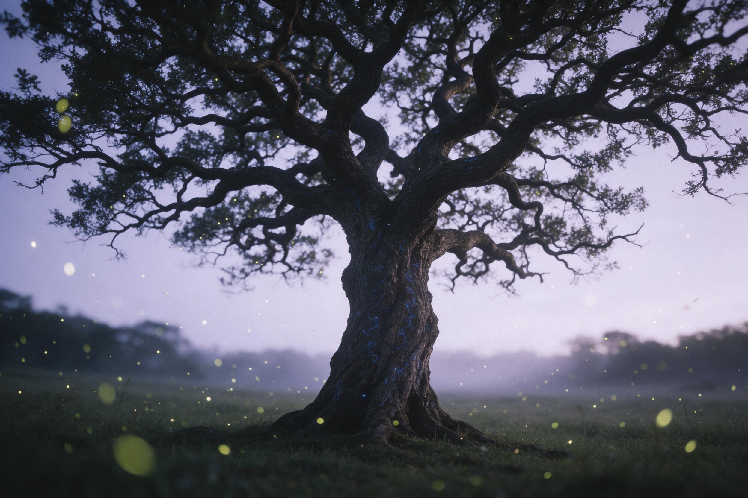 A gnarled tree stands alone in a misty twilight meadow, its bark glowing with faint blue runes. Fireflies drift in the air, casting soft, bokeh light. The scene is shot from a low angle, emphasizing the canopy's twisted branches against a pale lavender sky. Subtle grain and muted tones create a drea