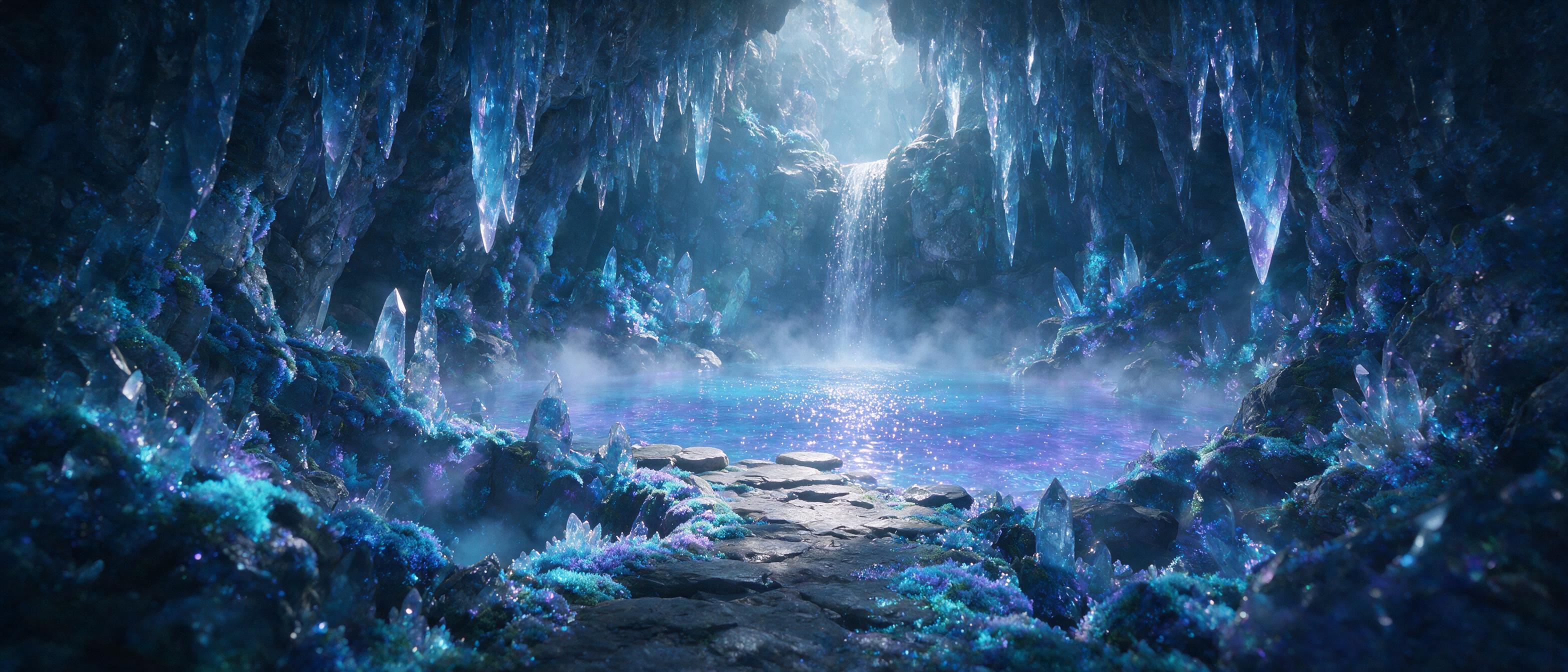 A luminous crystal cave deep underground, glowing bioluminescent moss covering walls, a small waterfall cascading into a pool of liquid light, soft mist rising, ethereal blue and purple hues, cinematic composition with wide angle lens, natural light filtering from above, dreamy atmosphere with sligh