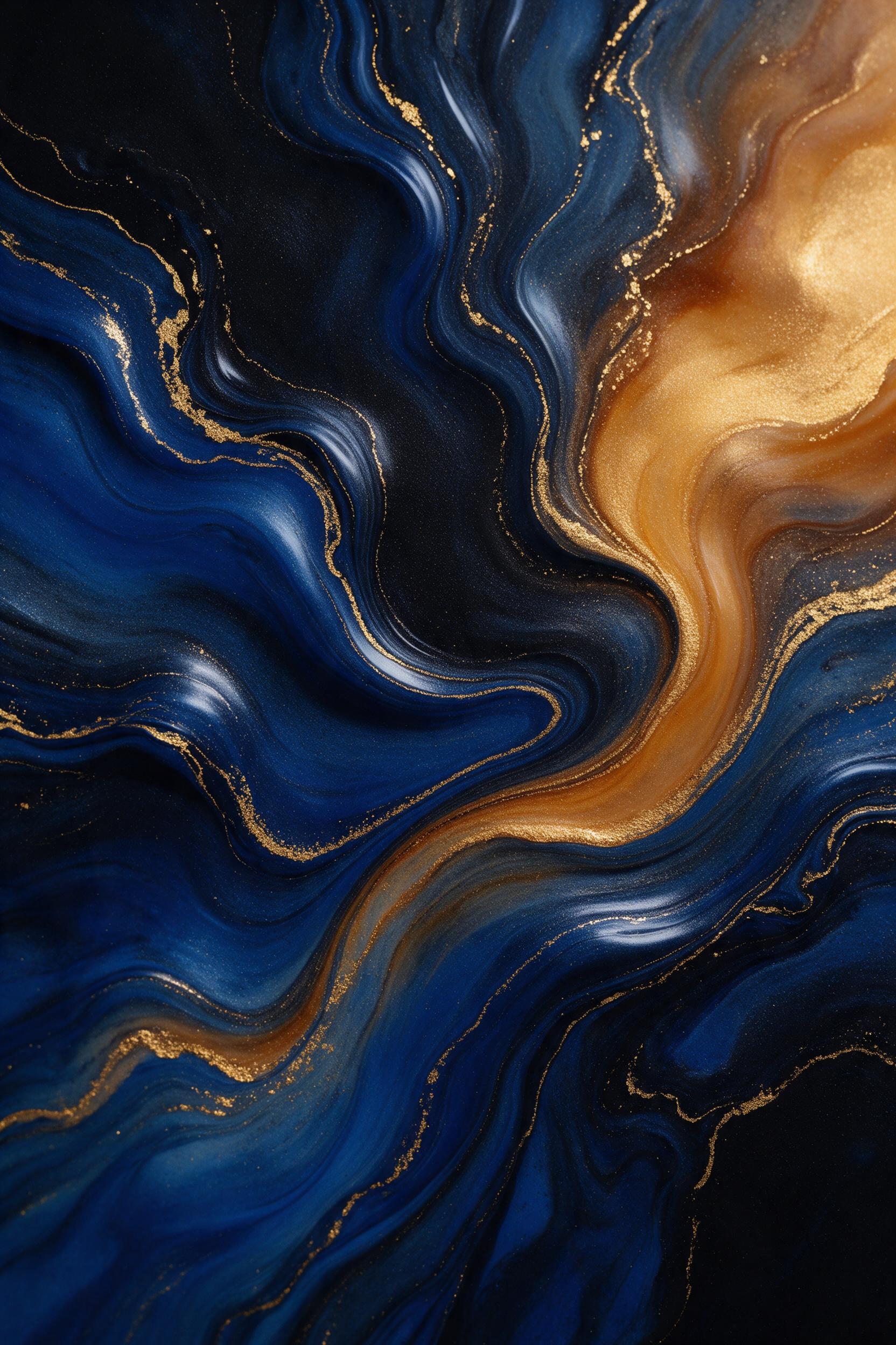 A minimalist fluid art piece, swirling deep cobalt and warm amber acrylics on a black canvas, delicate gold leaf veins, soft studio lighting from above, glossy texture reflections, side-angle view capturing layered waves, subtle grain, no text or figures.