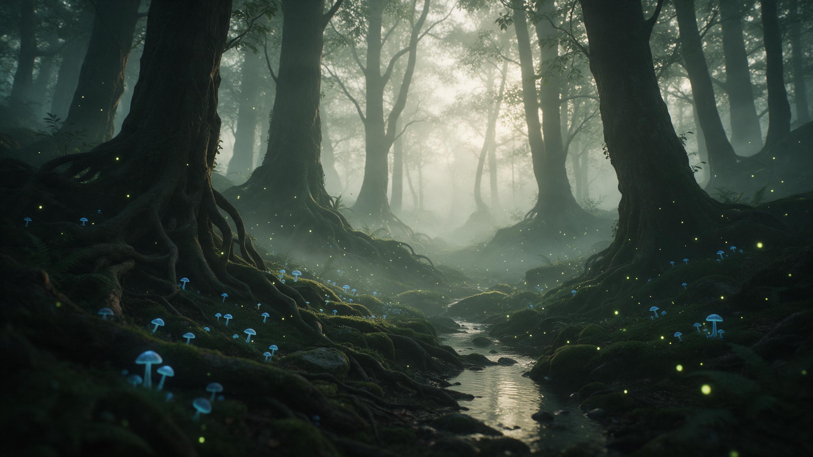 A misty forest at dawn, ancient trees with twisted roots, glowing blue mushrooms scattered on moss, a small stream reflecting soft light, ethereal fireflies, fog weaving between trunks, muted green and teal palette, gentle chiaroscuro, dreamlike atmosphere