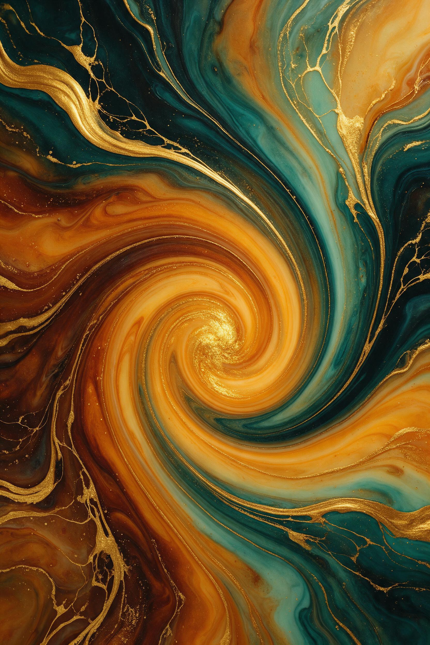 Abstract fluid art in warm amber and teal, swirling marble patterns, liquid gold accents, ultra-detailed texture