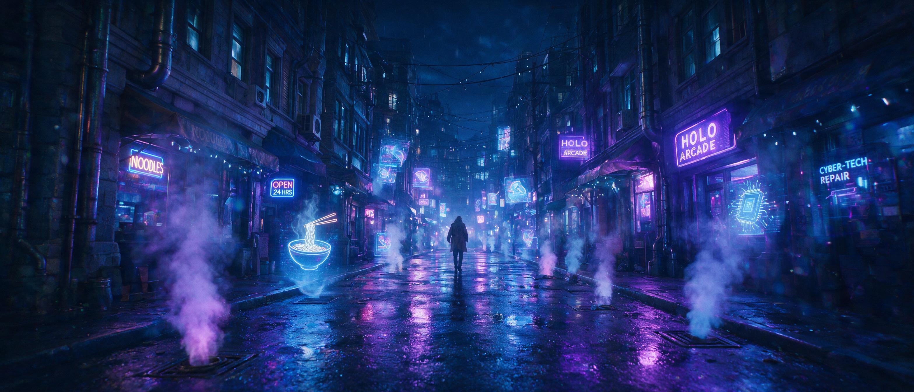 A neon-lit cyberpunk alleyway at midnight, rain-slicked asphalt reflecting purple and blue holographic signs, steam rising from vents, a lone figure in a trench coat walking away, slight lens flare, motion blur, cinematic mood