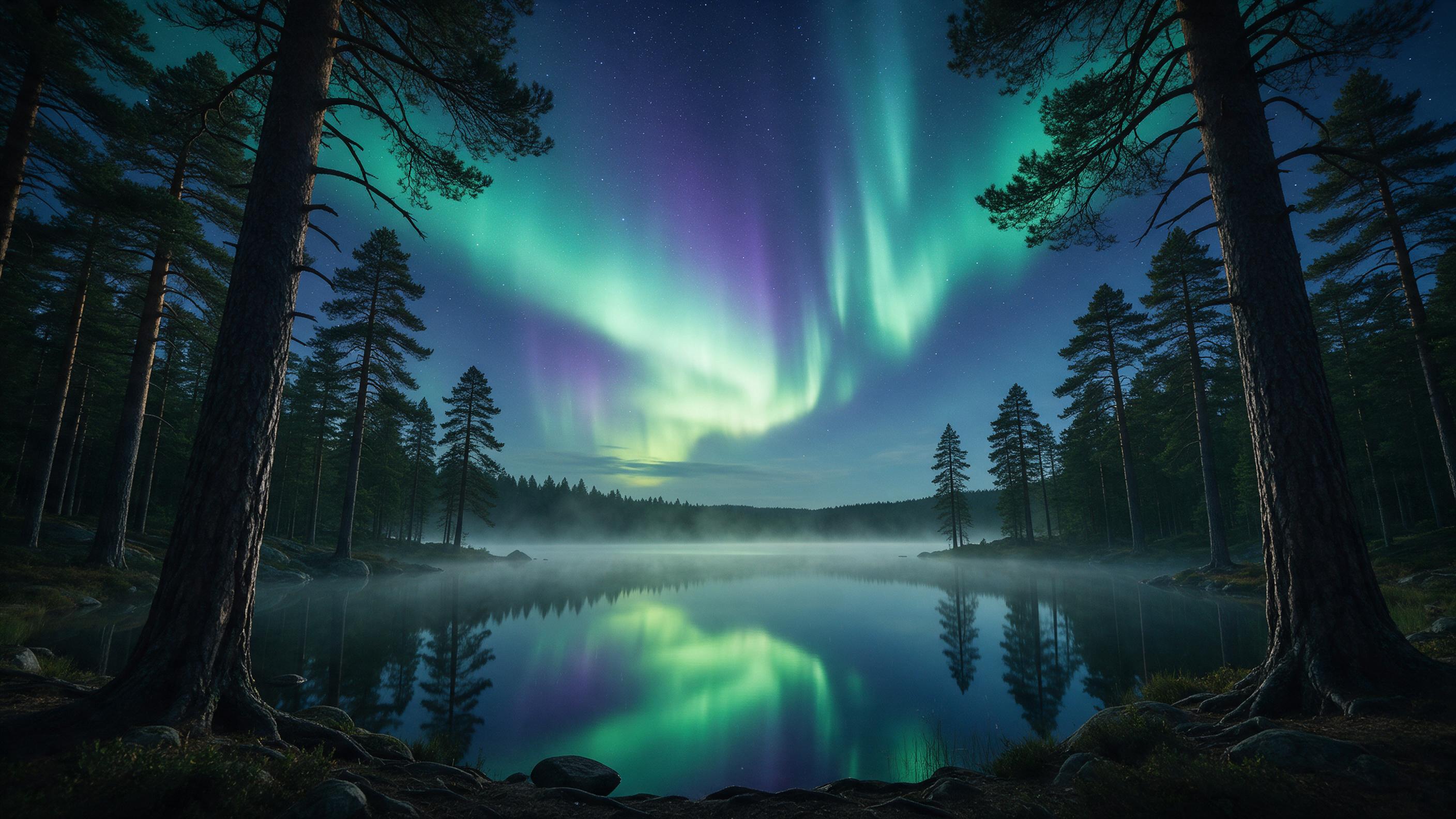 A crystal clear lake under a starry night sky, surrounded by ancient tall pines. A gentle mist rises from the water, reflecting the glowing aurora borealis in vibrant green and purple hues. The composition places the horizon low, emphasizing the vast sky. Soft moonlight illuminates the scene, with s