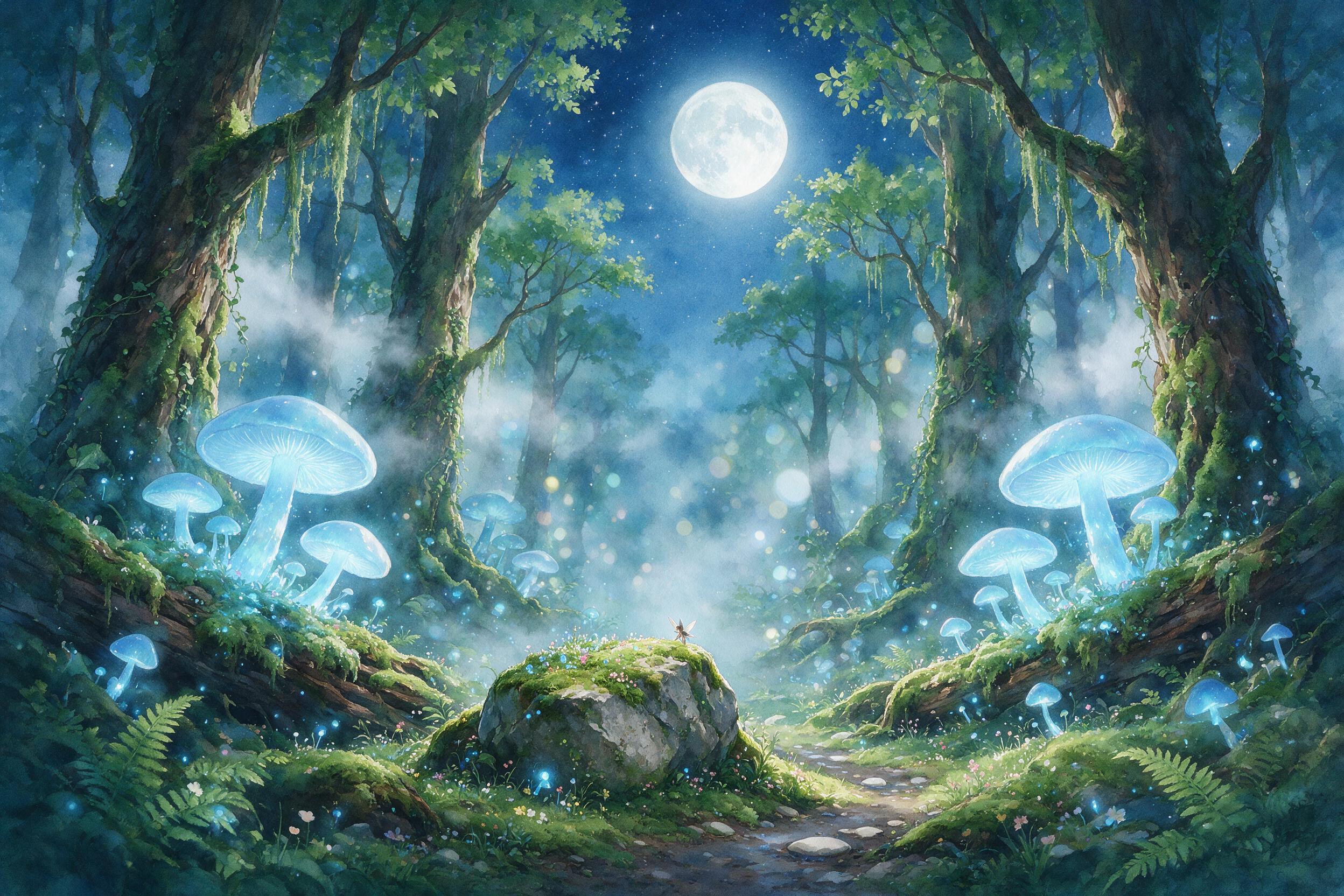 A luminous moonlit forest with giant glowing mushrooms casting soft blue light, a small winged fairy perched on a mossy stone, mist weaving through ancient trees, ethereal atmosphere, soft watercolor texture, gentle bokeh in background.