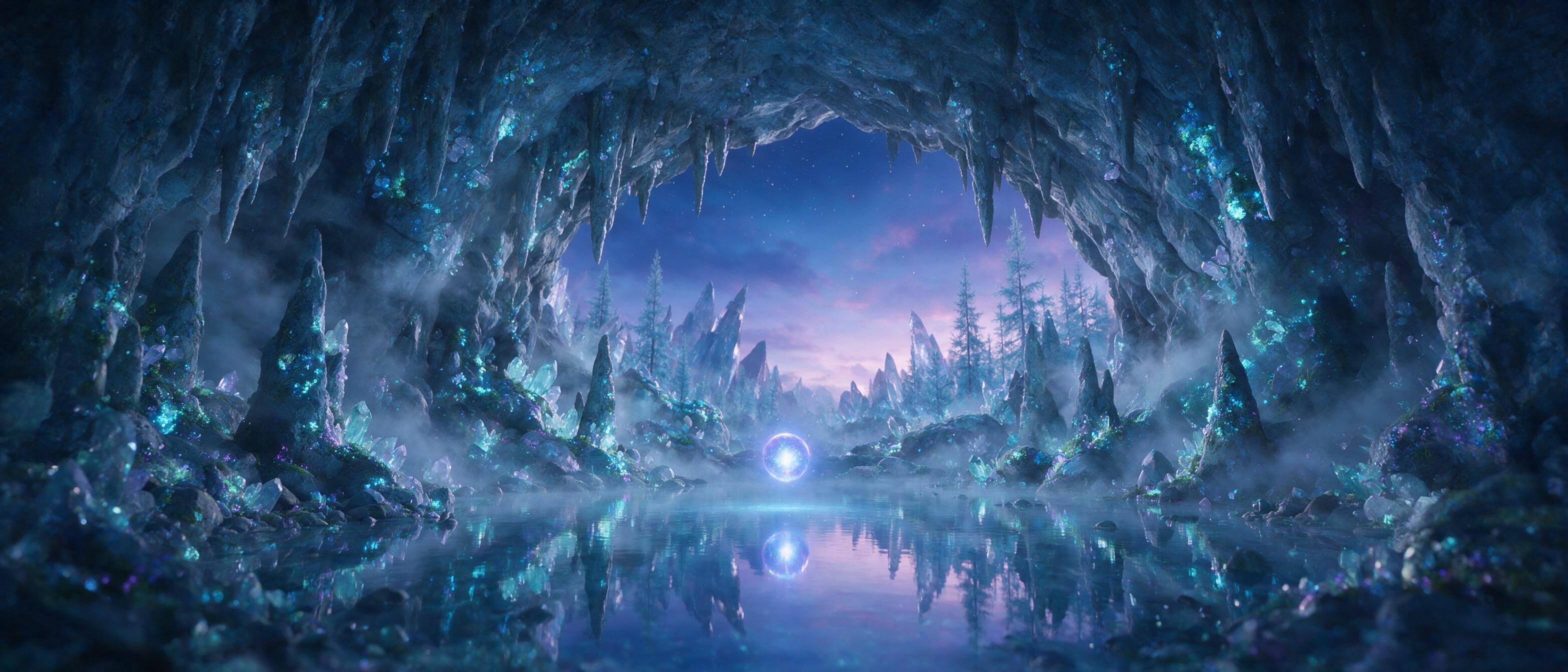 A luminous crystal cave at twilight, bioluminescent moss clinging to jagged rock walls, a single glowing orb floating above a still pool, soft blue and purple light, misty atmosphere, cinematic composition, low angle view