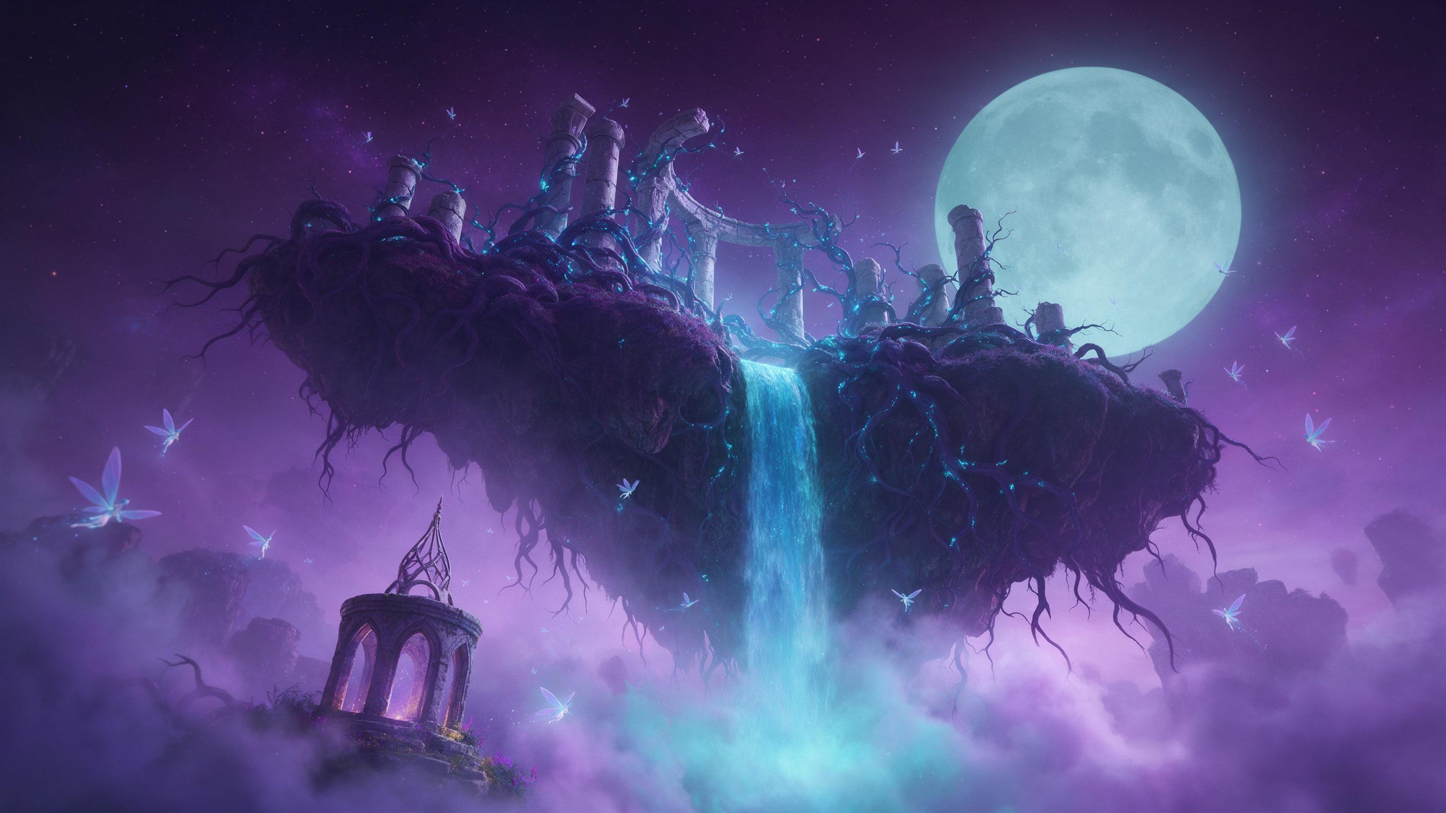 A moonlit floating island with a glowing blue waterfall cascading into mist below, ancient stone ruins entwined with luminous vines, tiny winged spirits circling, deep purple and teal color palette, soft ethereal glow, cinematic composition from below, dreamlike atmosphere
