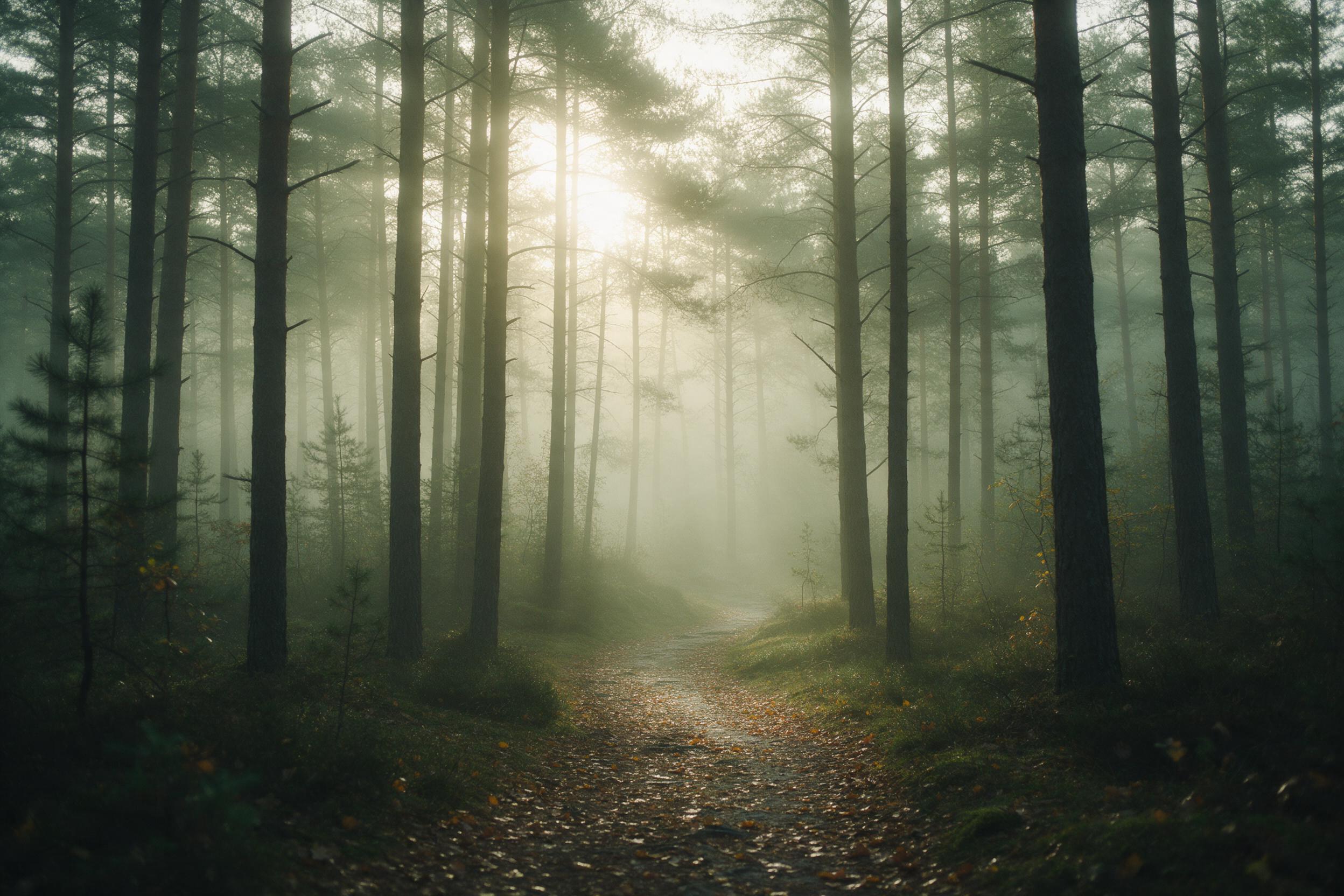 A misty pine forest at dawn, sunlight filtering through tall trees, a narrow winding path covered with fallen leaves, soft fog, muted green and gold tones, gentle bokeh, natural lighting, no people