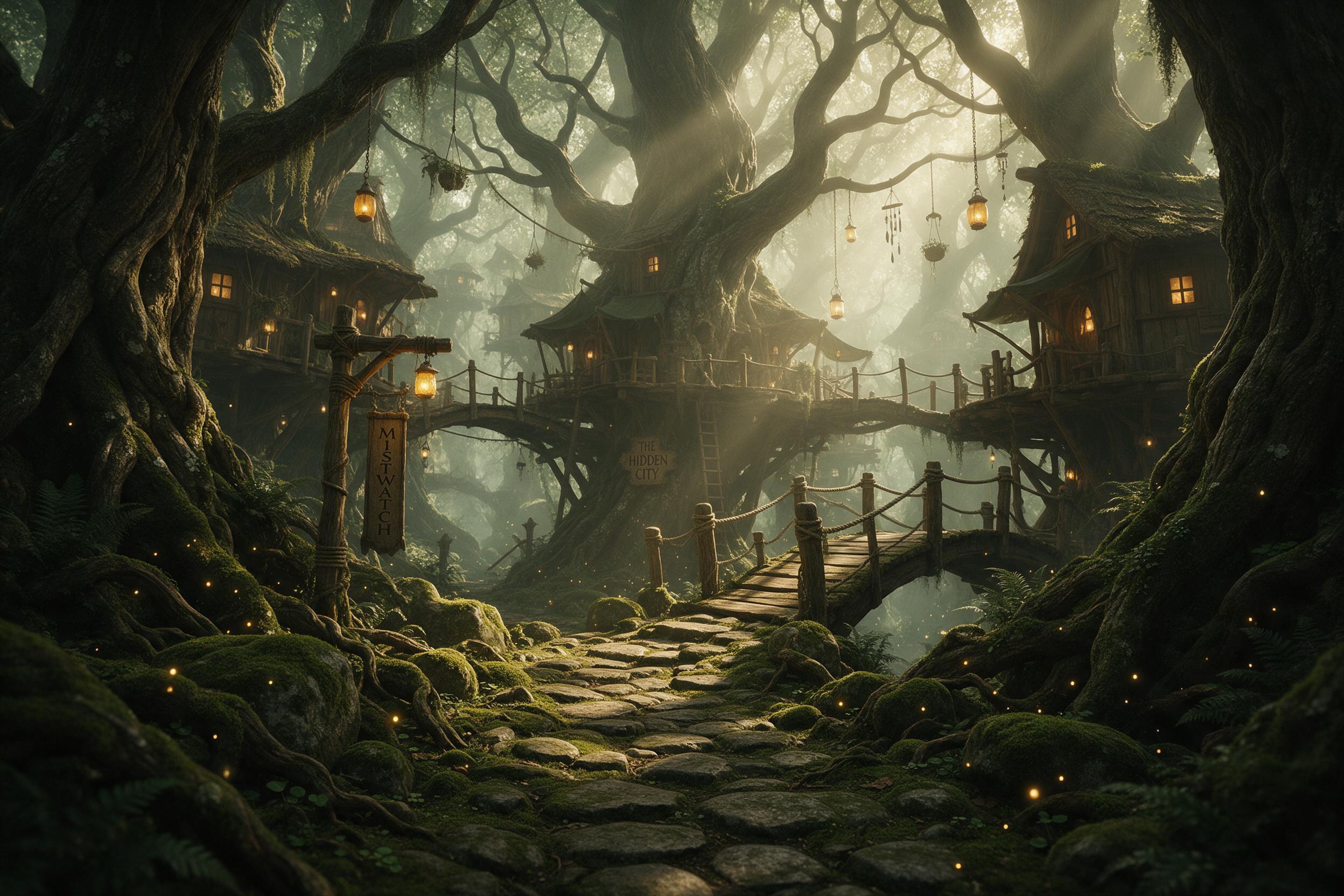 A hidden treehouse city in a misty ancient forest, warm lanterns glowing from twisted branches, tiny wooden bridges connecting platforms, fireflies drifting below, soft god rays through canopy, foreground path with mossy stones, muted green and amber palette, cinematic composition, natural light and