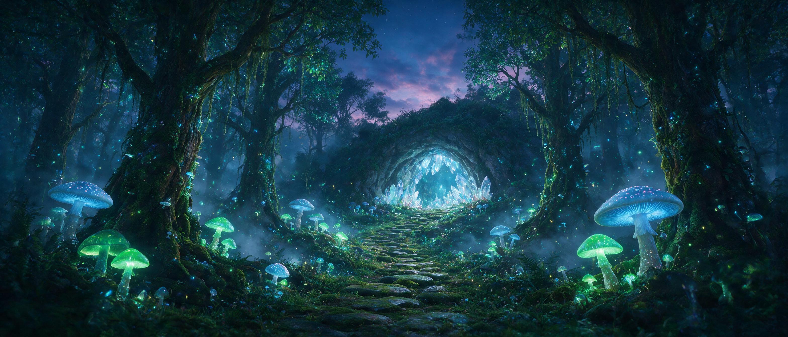 A bioluminescent forest at twilight, giant glowing mushrooms and floating spores casting soft blue-green light, a winding path of mossy stones leading to a distant crystal cave, mist weaving between ancient gnarled trees, fireflies like tiny lanterns, cinematic wide shot, dreamy atmosphere, slight g