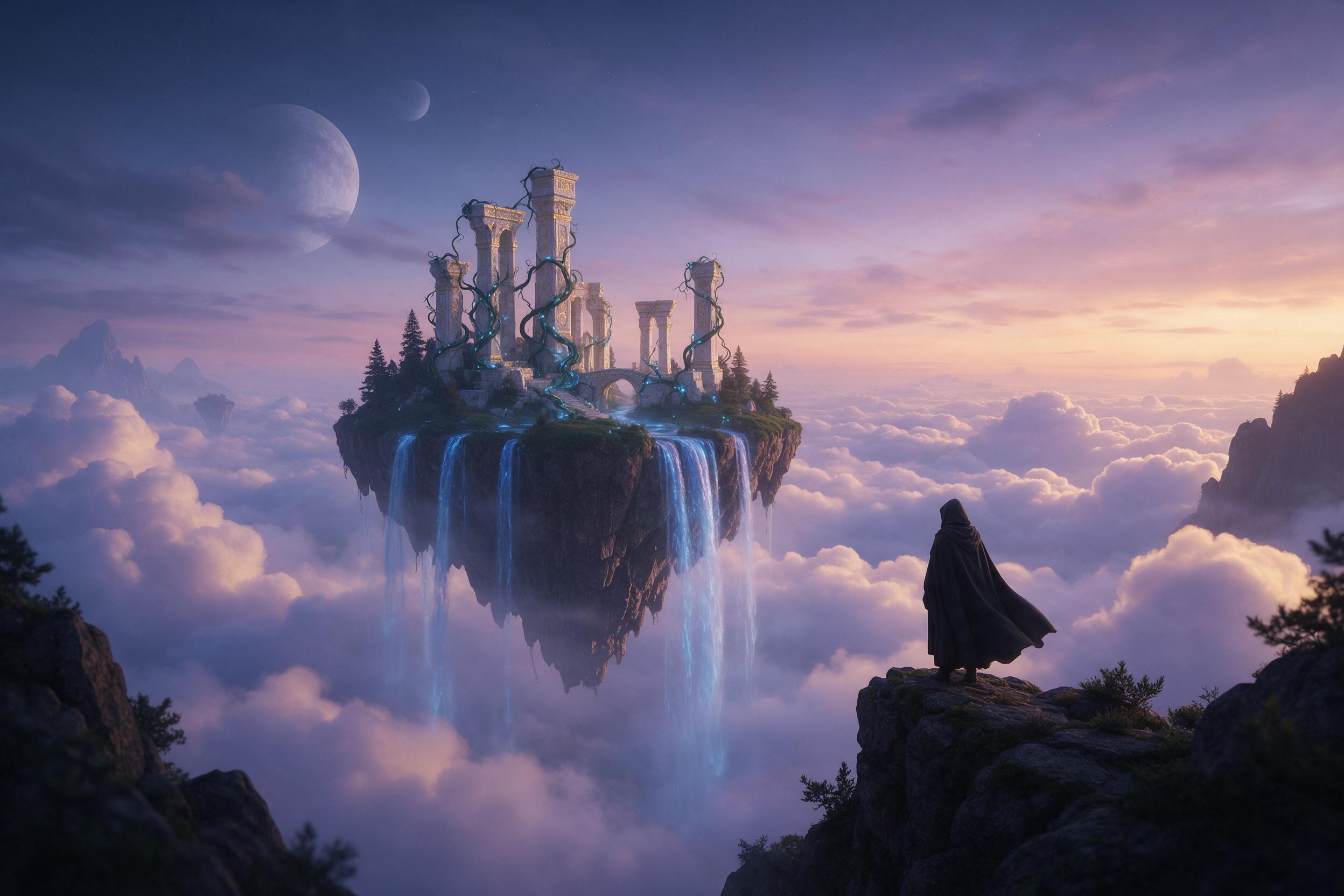A serene floating island in twilight, glowing blue waterfalls cascading into a sea of clouds, ancient stone ruins wrapped in luminescent vines, two moons overhead, soft lavender and gold light, a lone hooded figure on a cliff edge, misty atmosphere, gentle motion blur on water, cinematic composition
