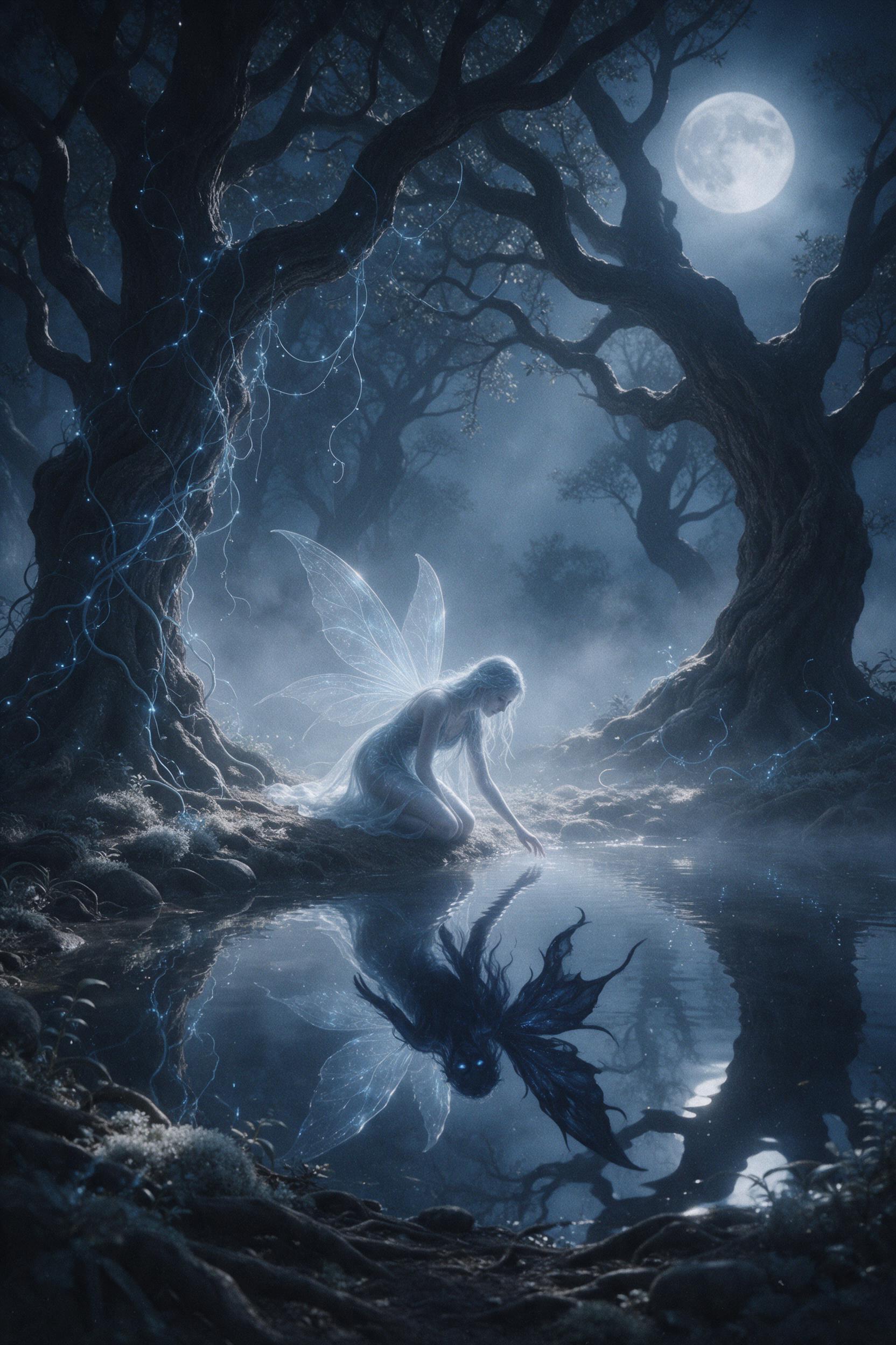 A misty moonlit forest clearing, ancient gnarled trees entwined with glowing blue vines, a translucent winged spirit kneeling by a mirror-like pond, its reflection distorted into a darker twin, soft fog, cool silver-blue palette, gentle dappled light, muted tones, subtle film grain.
