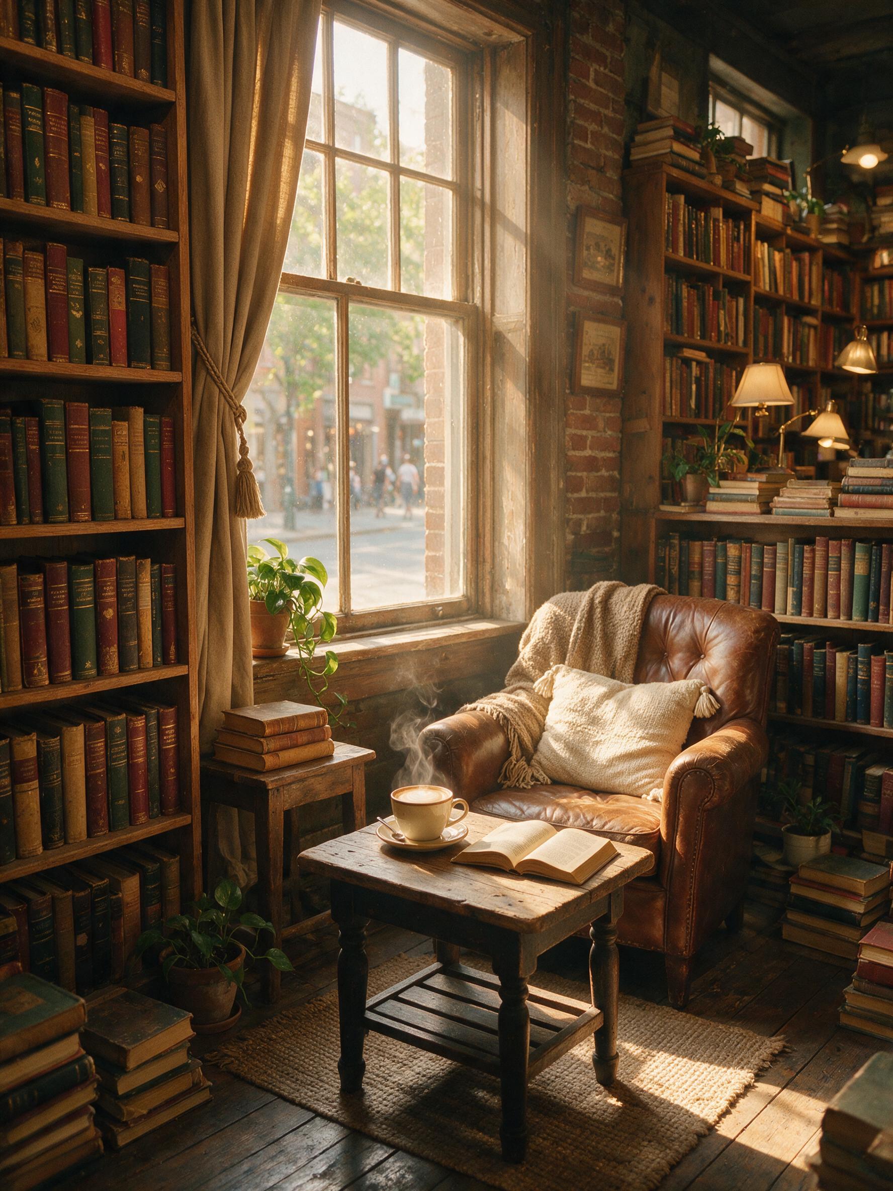 A cozy vintage bookstore interior at golden hour, warm amber light streaming through a dusty window, rows of old books on wooden shelves, a steaming cup of coffee on a small table, soft shadows and film grain, 35mm lens, natural composition