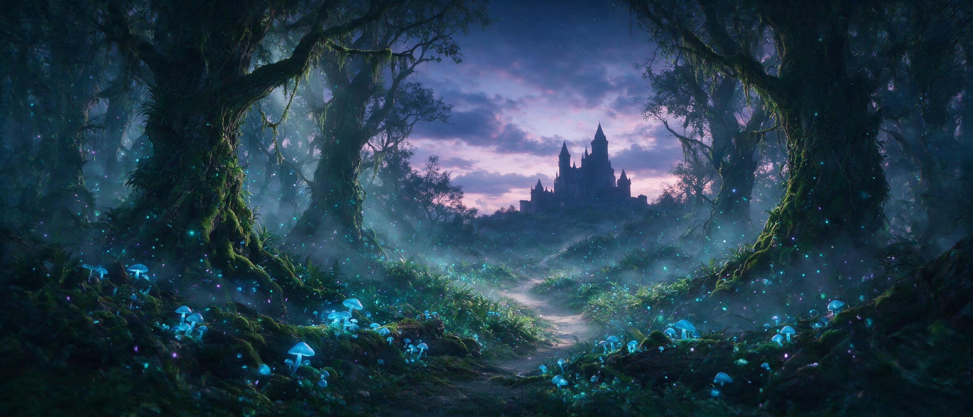 A glowing bioluminescent forest at twilight, ancient twisted trees with luminous blue mushrooms and floating spores, a misty winding path leading to a distant castle silhouette, soft volumetric light rays, ethereal atmosphere, muted teals and purples, cinematic composition.