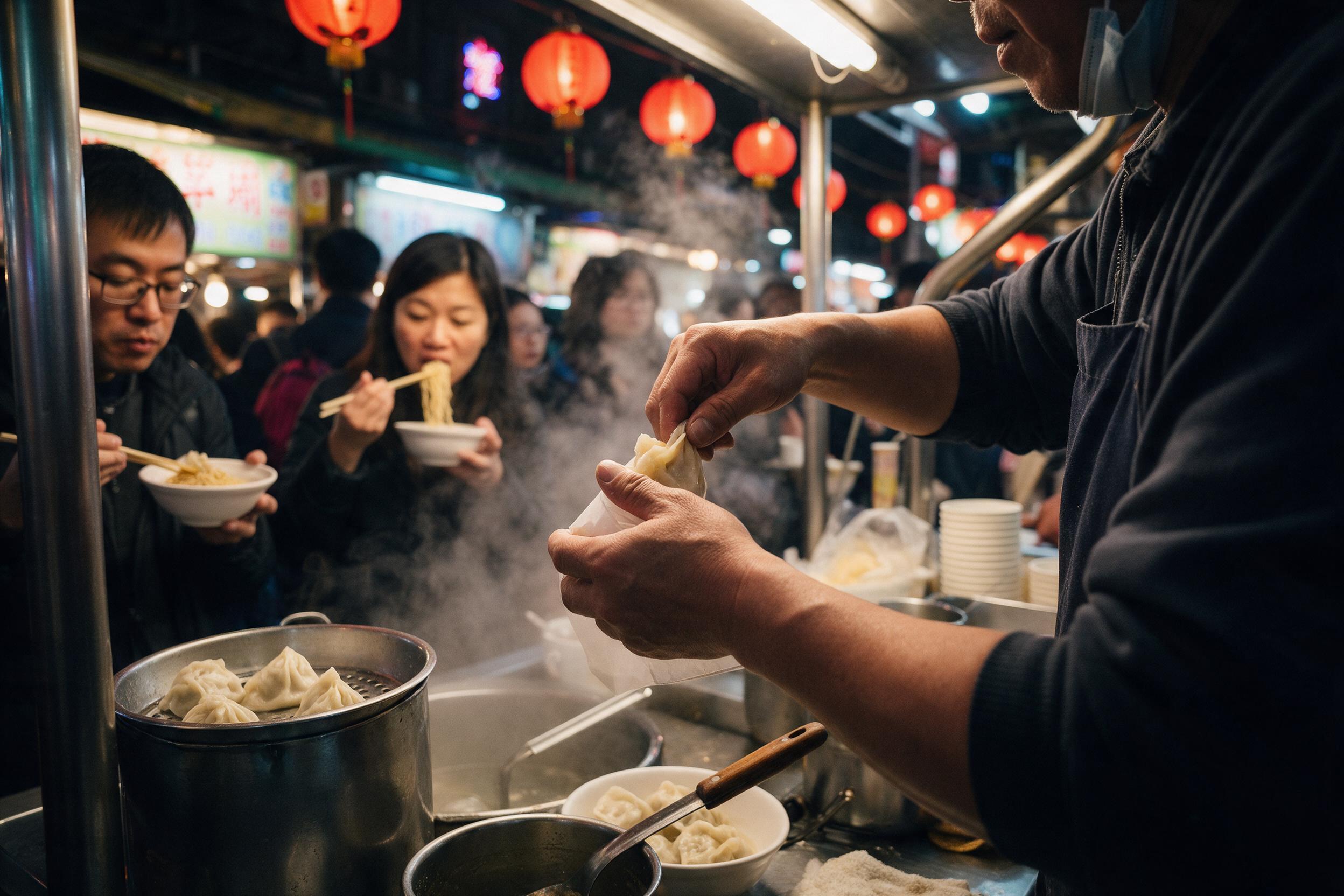 A bustling indoor night market in Taipei, glowing red lanterns overhead, steam rising from food stalls, patrons tasting dumplings and noodles, warm tungsten lighting mixing with cool neon signs, shallow depth of field focusing on a vendor's hands, slight motion blur in the crowd, candid documentary 