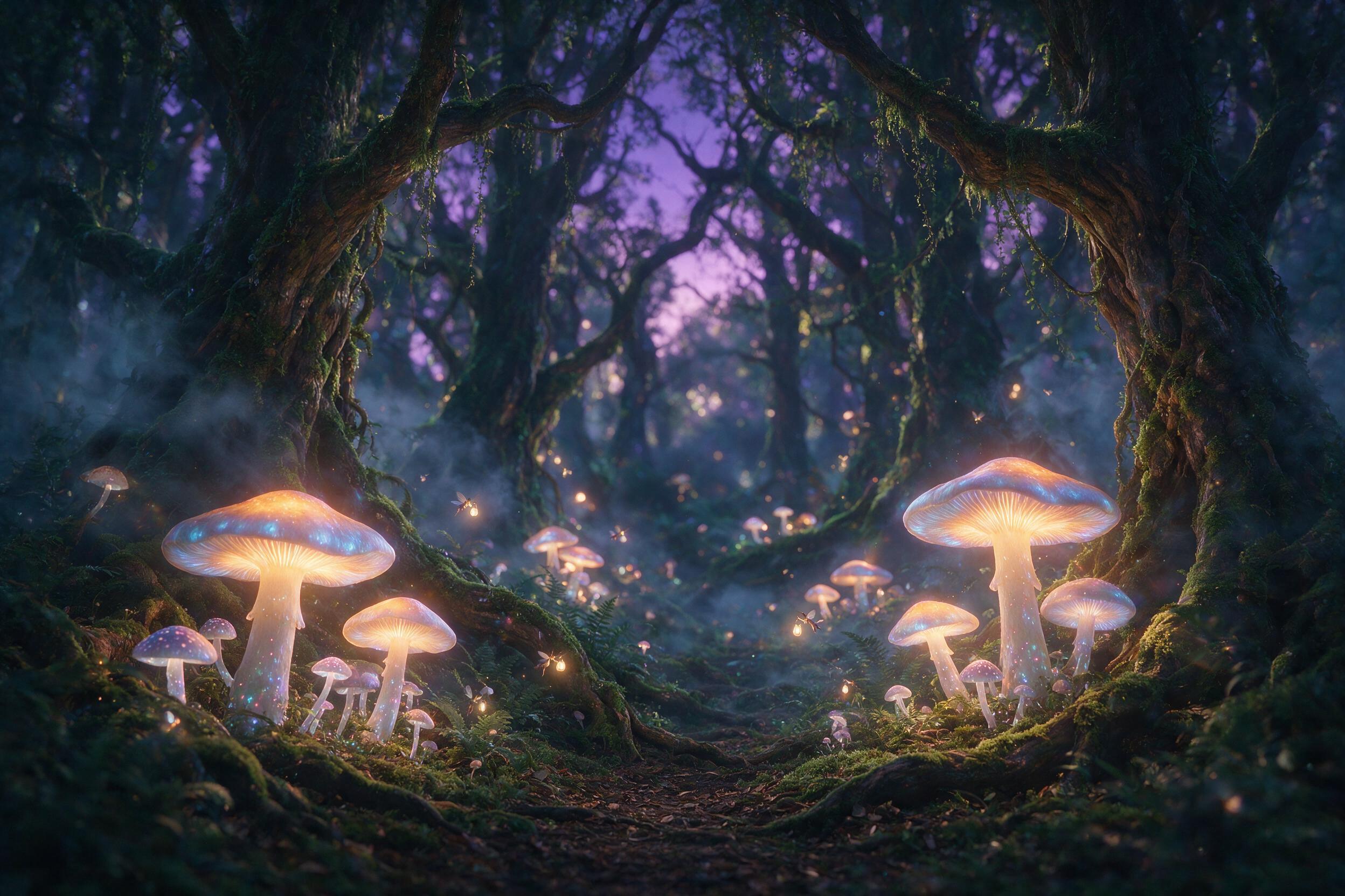 Ethereal forest at twilight, massive glowing mushrooms casting soft bioluminescent light on ancient moss-covered tree roots, tiny winged creatures with lanterns floating between ferns, mist swirling around twisted branches, shallow depth of field with warm amber and cool violet tones, slight lens fl