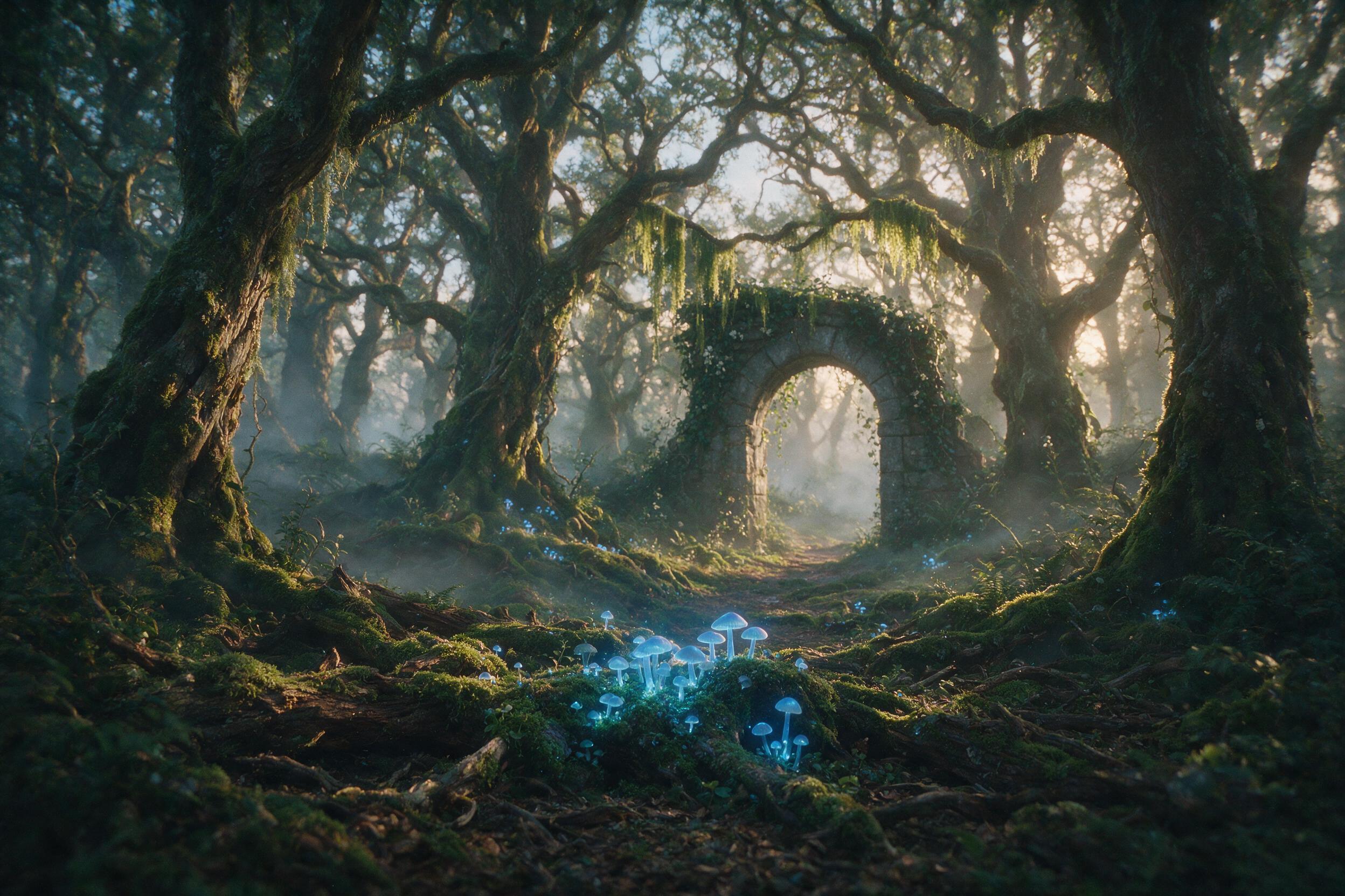 A misty ancient forest at twilight, bioluminescent blue mushrooms glowing on mossy roots, soft golden light filtering through twisted branches, a stone archway half-hidden in vines, shallow depth of field, ethereal atmosphere, slight fog, natural film grain.