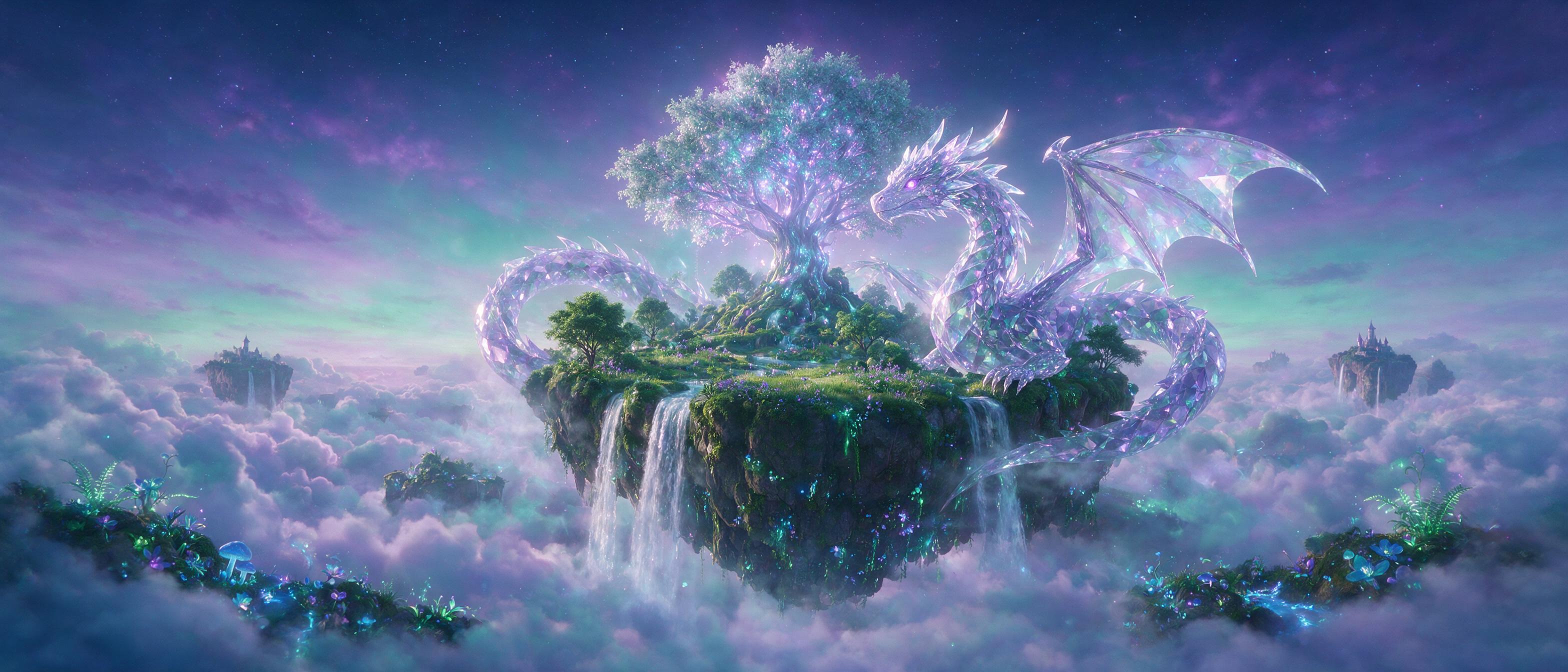 A glowing crystal dragon coiled around a floating island in a twilight sky, bioluminescent plants and waterfalls cascading into clouds, soft purple and teal light, ethereal mist, cinematic composition, slight lens flare, dreamy atmosphere