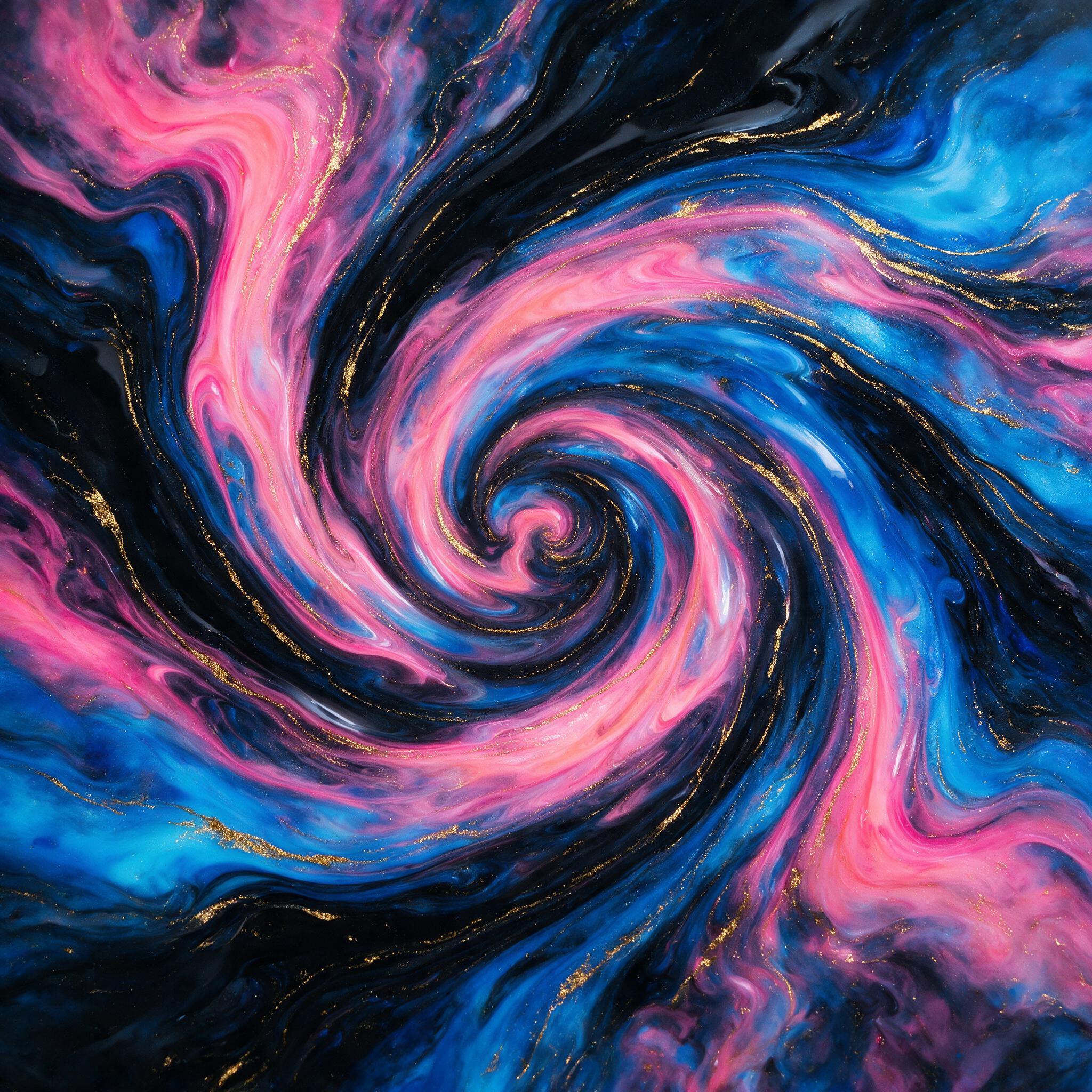 A swirling vortex of neon pink and electric blue fluid art, with golden metallic streaks flowing through deep black resin. The composition is a top-down view, centered, with natural light reflecting off the glossy surface, creating subtle highlights and shadows. No text or sharp edges.