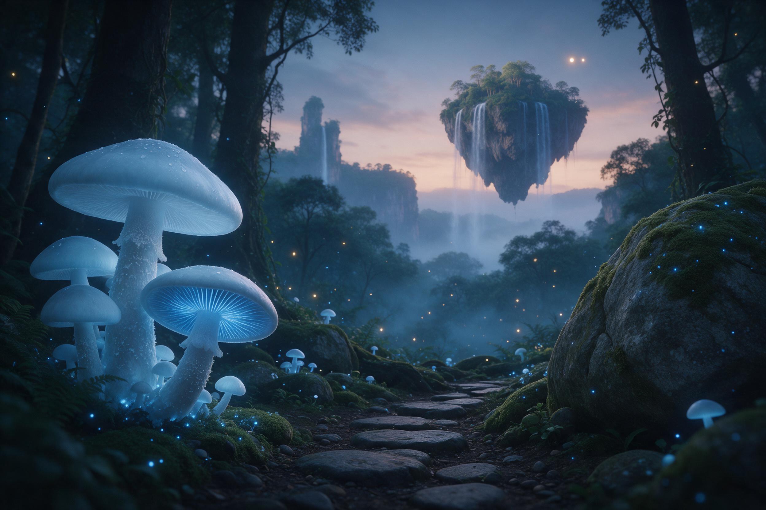 A bioluminescent forest at dusk, giant glowing mushrooms casting soft blue light on ancient moss-covered stones, a winding path leading to a distant floating island with waterfalls, misty air, fireflies, dreamy atmosphere, cinematic composition, gentle vignette
