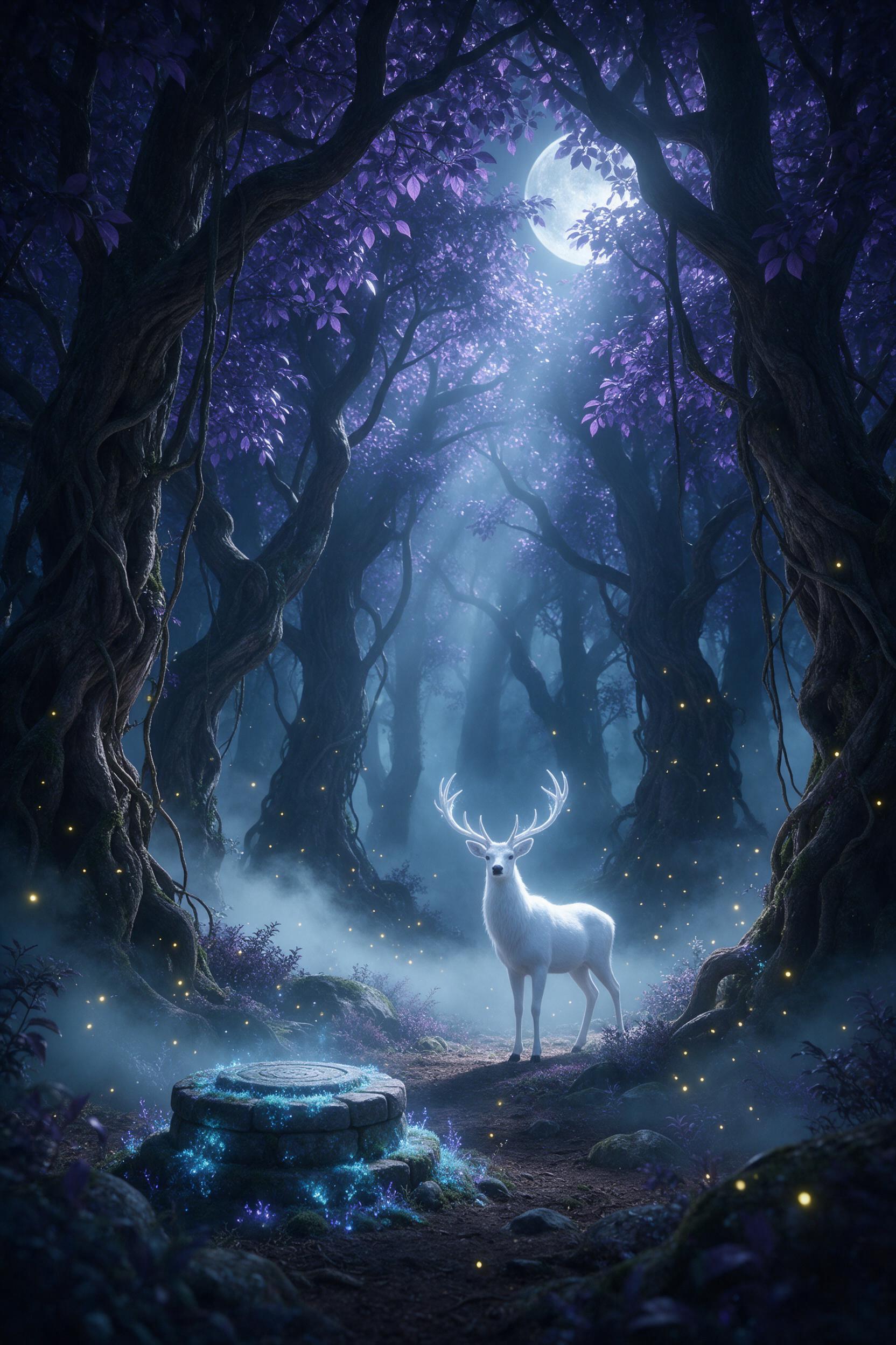 An ancient forest clearing under a canopy of bioluminescent purple leaves, a small stone altar overgrown with glowing blue moss, soft mist weaving between towering twisted trunks, moonlight filtering through in cool silver beams, fireflies drifting around a single white stag with antlers of shimmeri