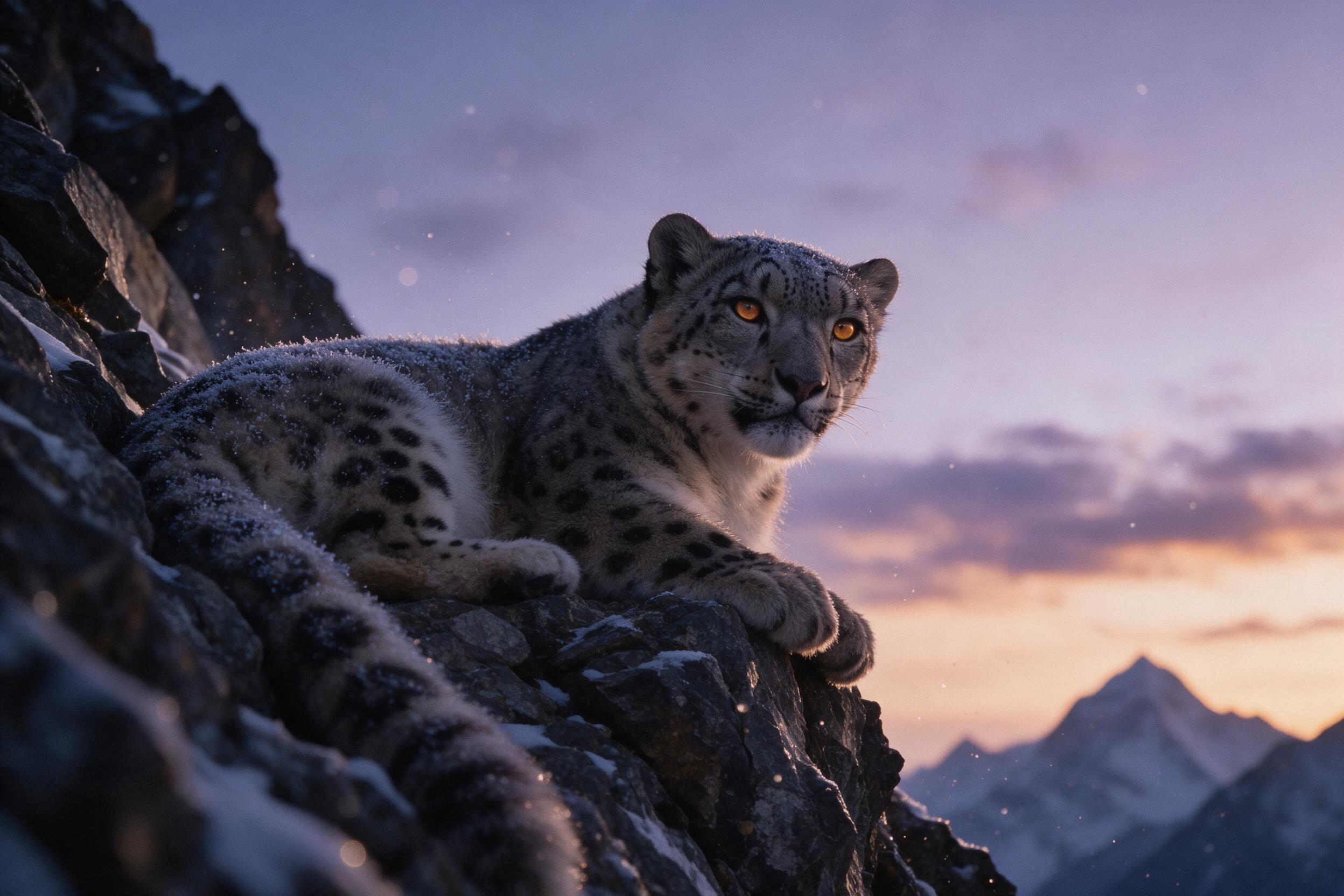 A snow leopard rests on a jagged Himalayan cliff at dusk, its spotted fur dusted with frost, amber eyes reflecting the last light. Soft purple and orange sky, thin clouds, distant peaks. Low-angle composition, telephoto compression, natural grain and subtle bokeh in the icy air.