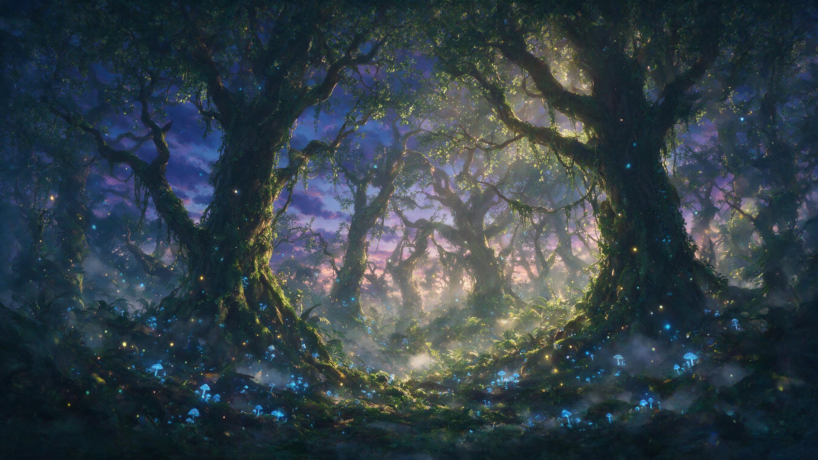 A luminous forest at twilight, glowing blue mushrooms and floating bioluminescent orbs, ancient gnarled trees draped in moss, soft mist curling around the roots, warm golden light filtering through the canopy, subtle lens flare, dreamy atmosphere, painted in an ethereal digital art style with soft b
