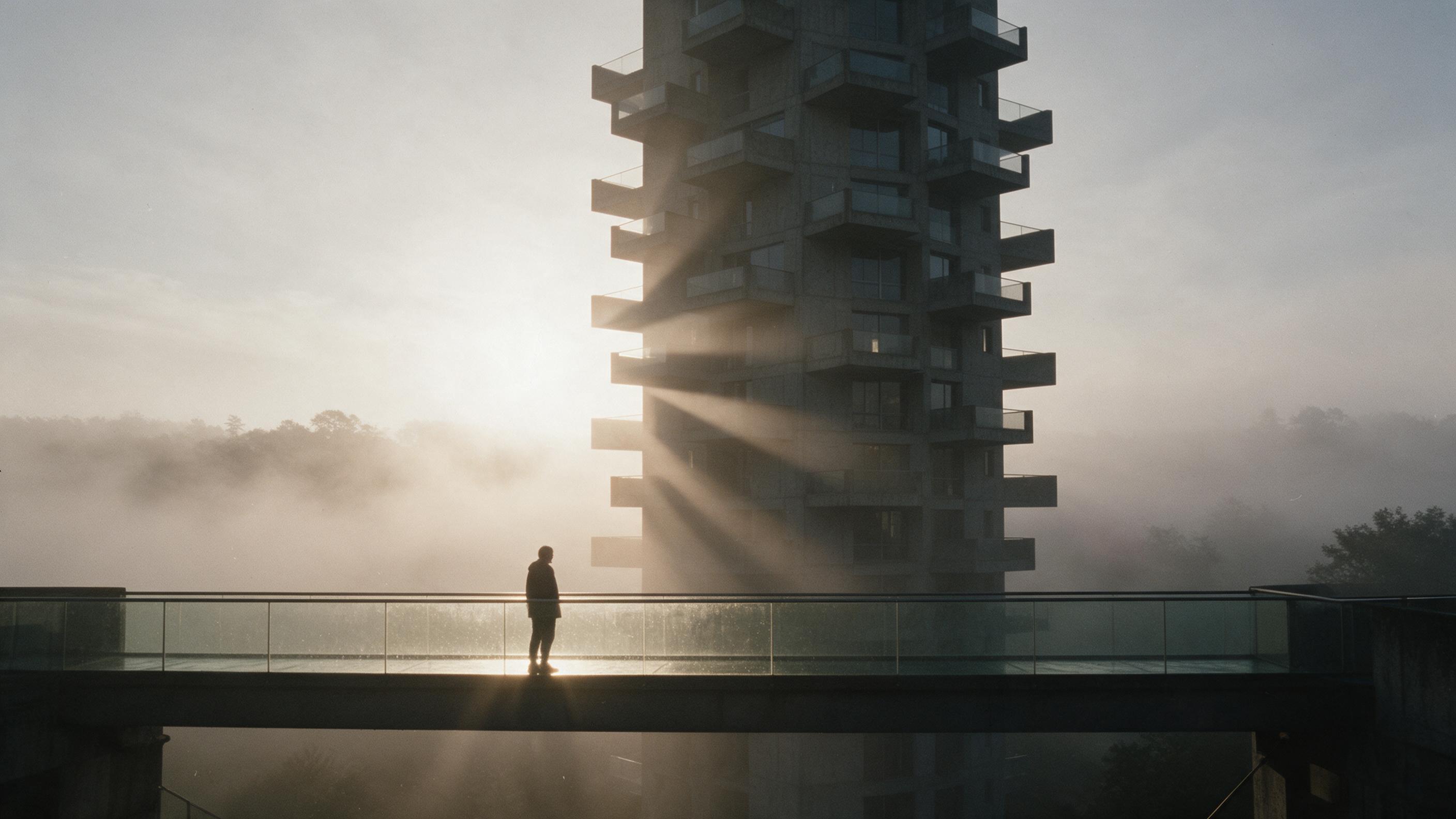 A brutalist concrete tower rising through morning mist, its geometric balconies casting long shadows; a lone figure on a glass bridge below; low sun flares through fog, muted grays with warm amber highlight; shot on 35mm film, slight grain and natural perspective distortion.
