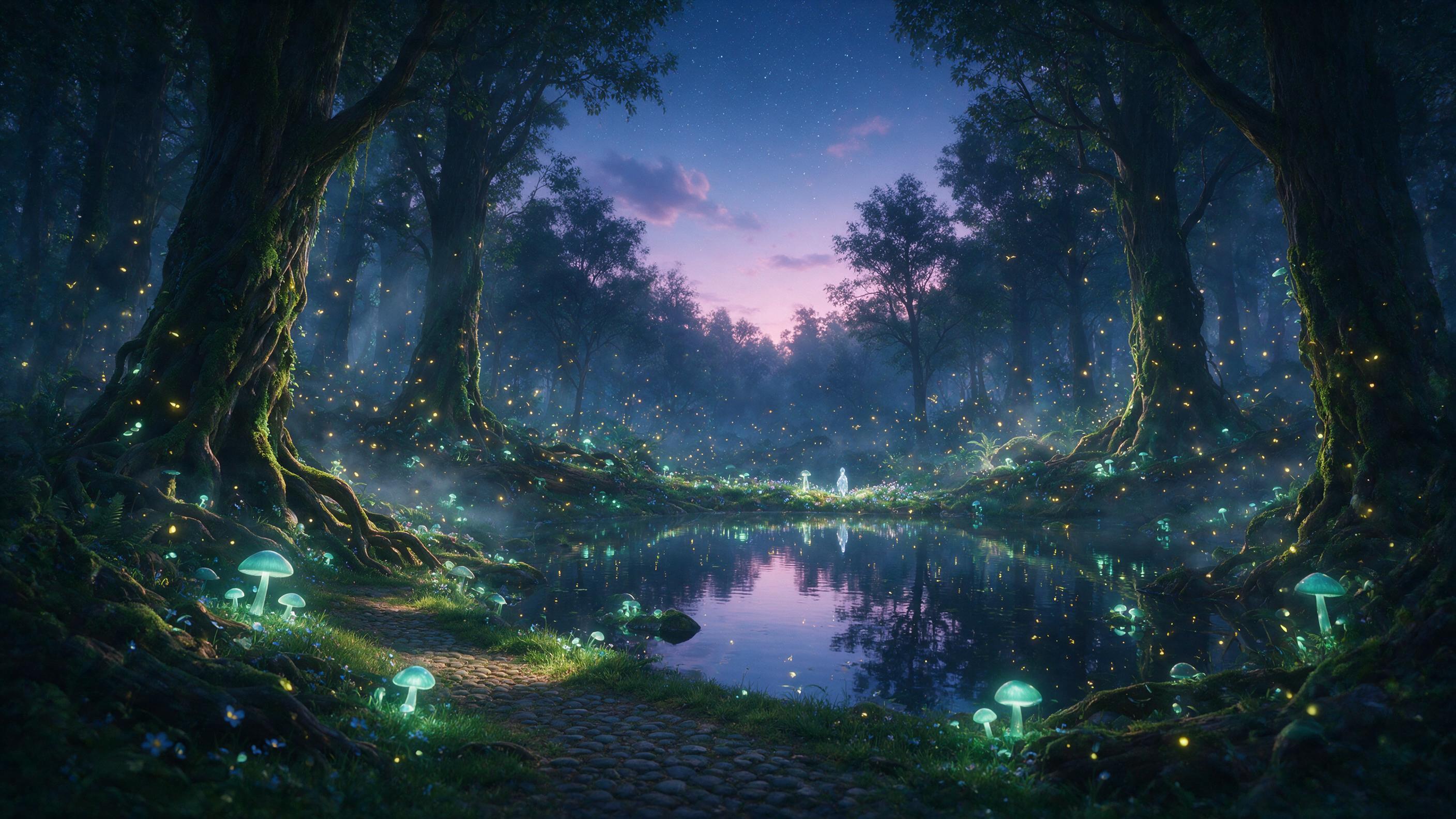 A glowing, ethereal forest at twilight, where bioluminescent mushrooms and floating fireflies illuminate a winding path. Soft mist curls around ancient, gnarled tree roots. A solitary, translucent figure made of light stands by a still pond, reflecting the starry sky. Cinematic, volumetric lighting,