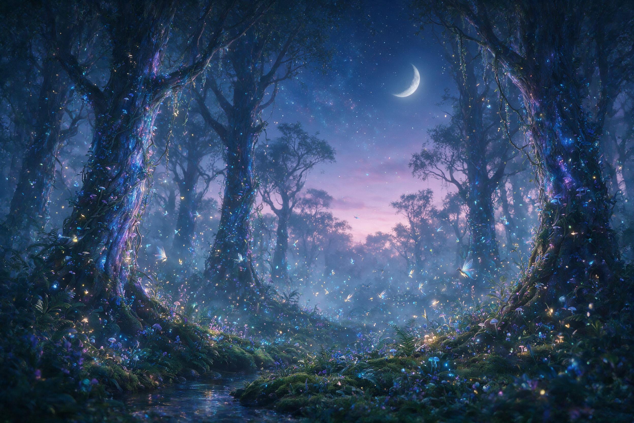A luminous, bioluminescent forest at twilight, with ancient, gnarled trees whose bark glows in soft blues and violets. Small, translucent, winged creatures flutter between floating, glowing pollen. The scene is bathed in the gentle, magical light of a crescent moon filtering through the misty canopy