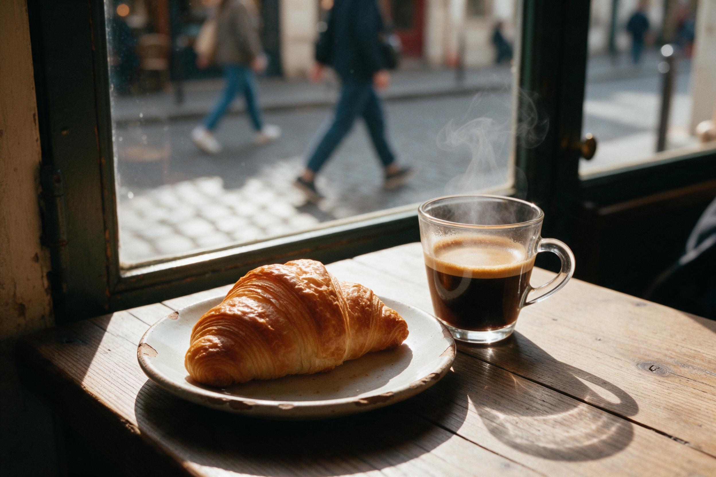 Morning light streams through a small Parisian cafe window onto a rustic wooden table. A croissant with flaky layers sits on a chipped ceramic plate, next to a steaming espresso in a glass cup. Outside, blurred pedestrians pass on a cobblestone street. Slight film grain, warm tones, shallow depth of