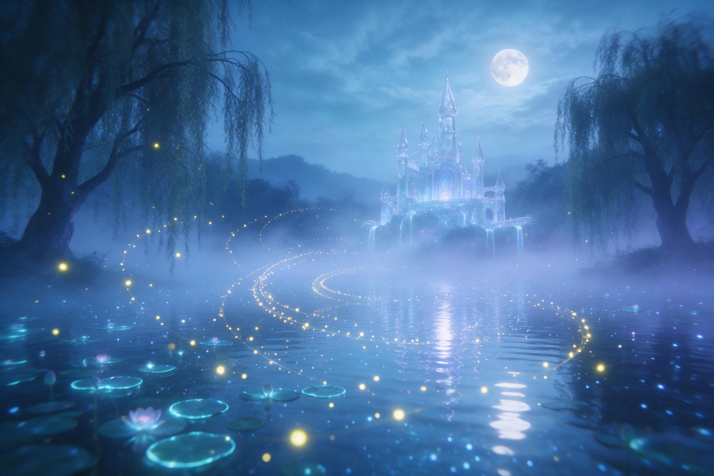 A secluded moonlit lake surrounded by ancient weeping willows, fireflies swirling in spirals above glowing lily pads, gentle mist parting to reveal a floating glass castle, moonlight scattering into starry motes on the water, soft blue and violet palette, ethereal atmosphere, slight camera shake fro