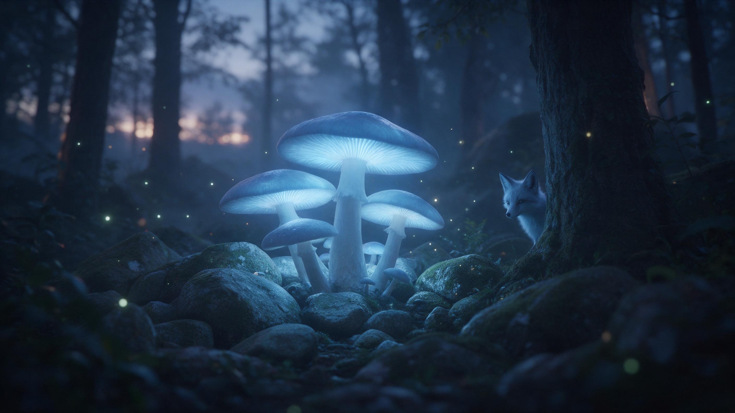A misty ancient forest at twilight, giant glowing mushrooms casting soft blue light on moss-covered stones, a small ethereal fox with silver fur peeking from behind a tree, fireflies drifting in the air, cinematic composition, shallow depth of field, cool color palette with warm accents in the dista