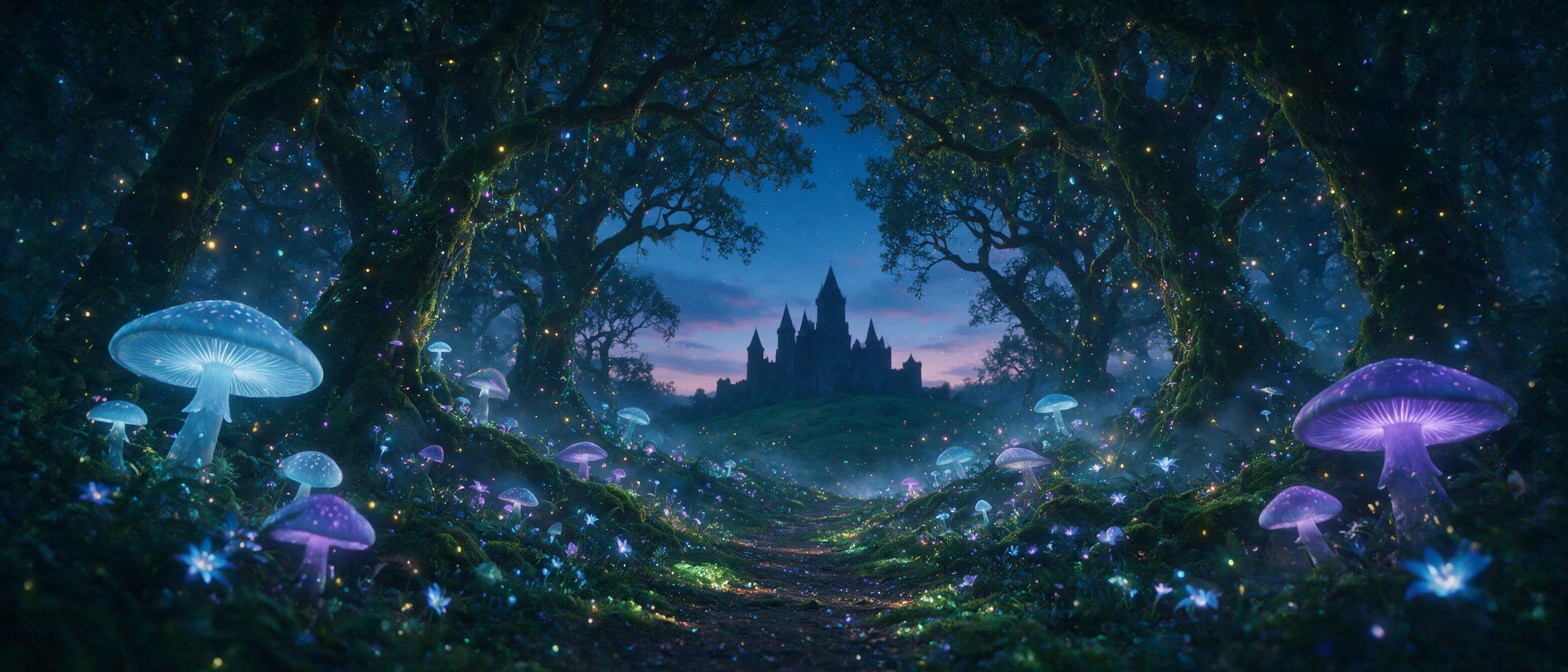 A bioluminescent forest at twilight, giant glowing mushrooms and floating spores, a winding path leading to a distant castle silhouette, soft mist, ethereal blue and purple hues, fireflies, dreamlike atmosphere, natural lighting, cinematic composition