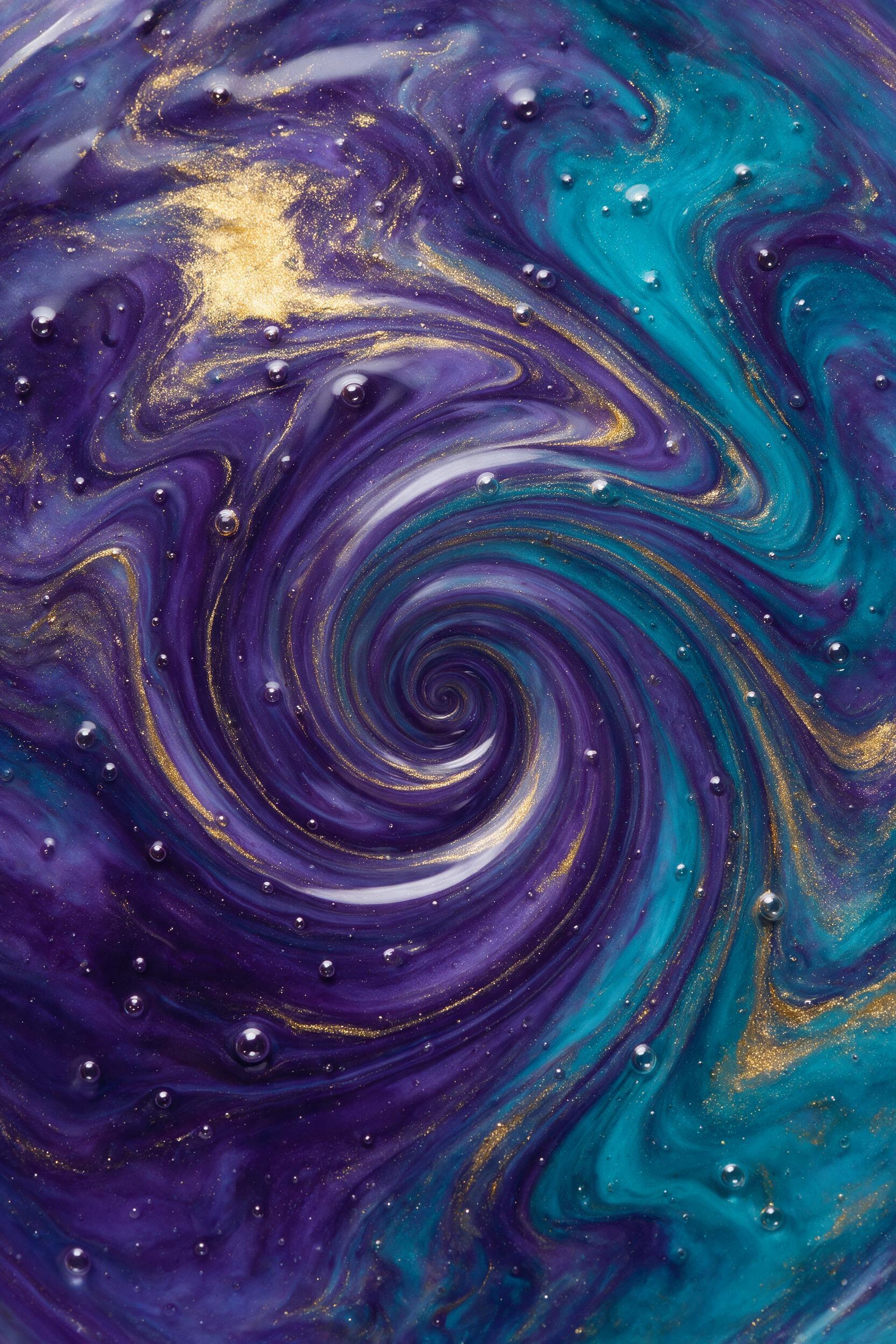 Vibrant fluid art composition with swirling gradients of deep violet, electric teal, and molten gold. Smooth, organic curves form a central vortex, with tiny air bubbles suspended in translucent resin. Soft studio lighting from above creates gentle highlights on the glossy surface, emphasizing depth
