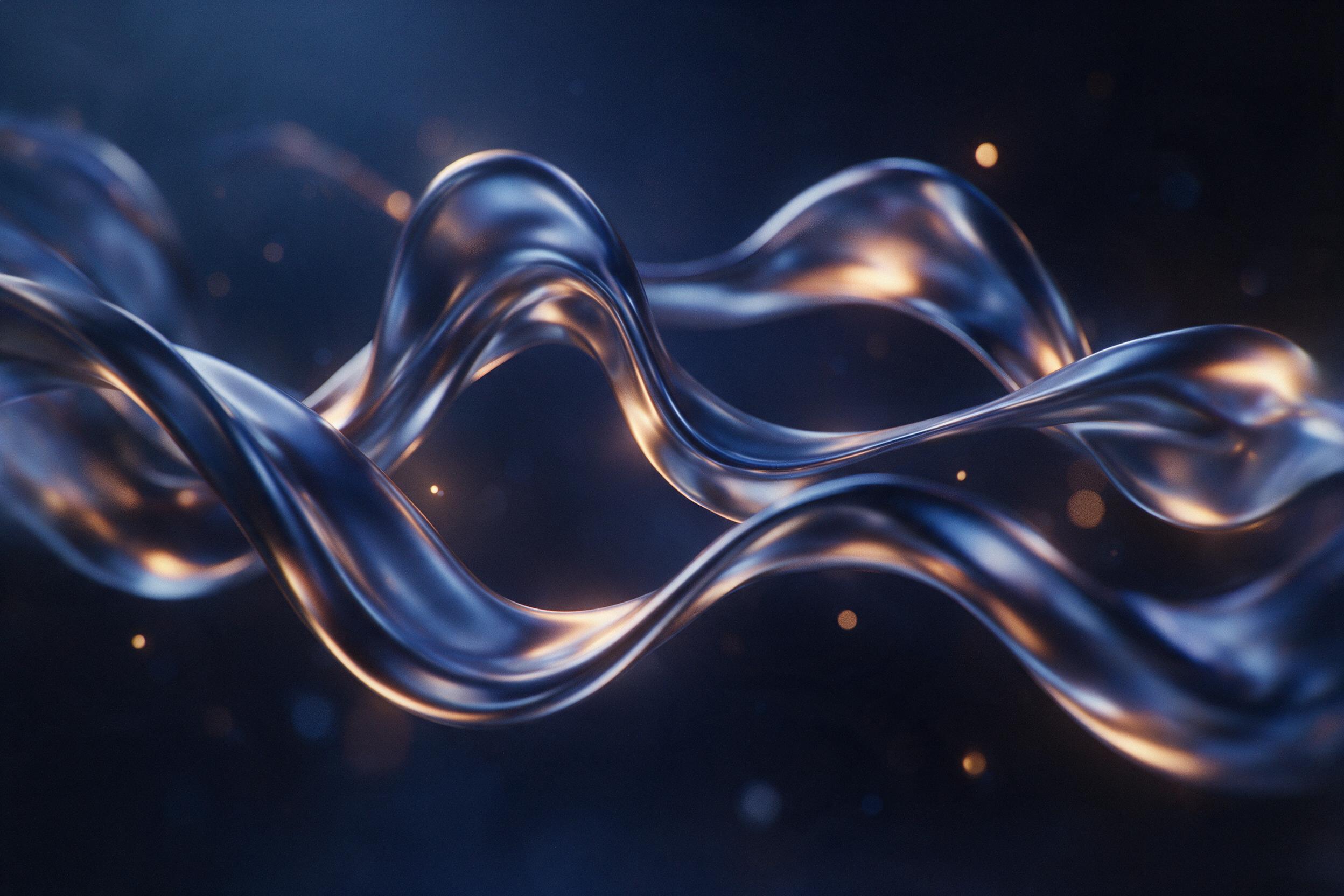 A minimalist composition of flowing metallic liquid, glowing softly in deep indigo and amber, suspended in mid-air with smooth curves, soft shadows, no sharp edges, ambient dim studio lighting, grainy texture, slight motion blur