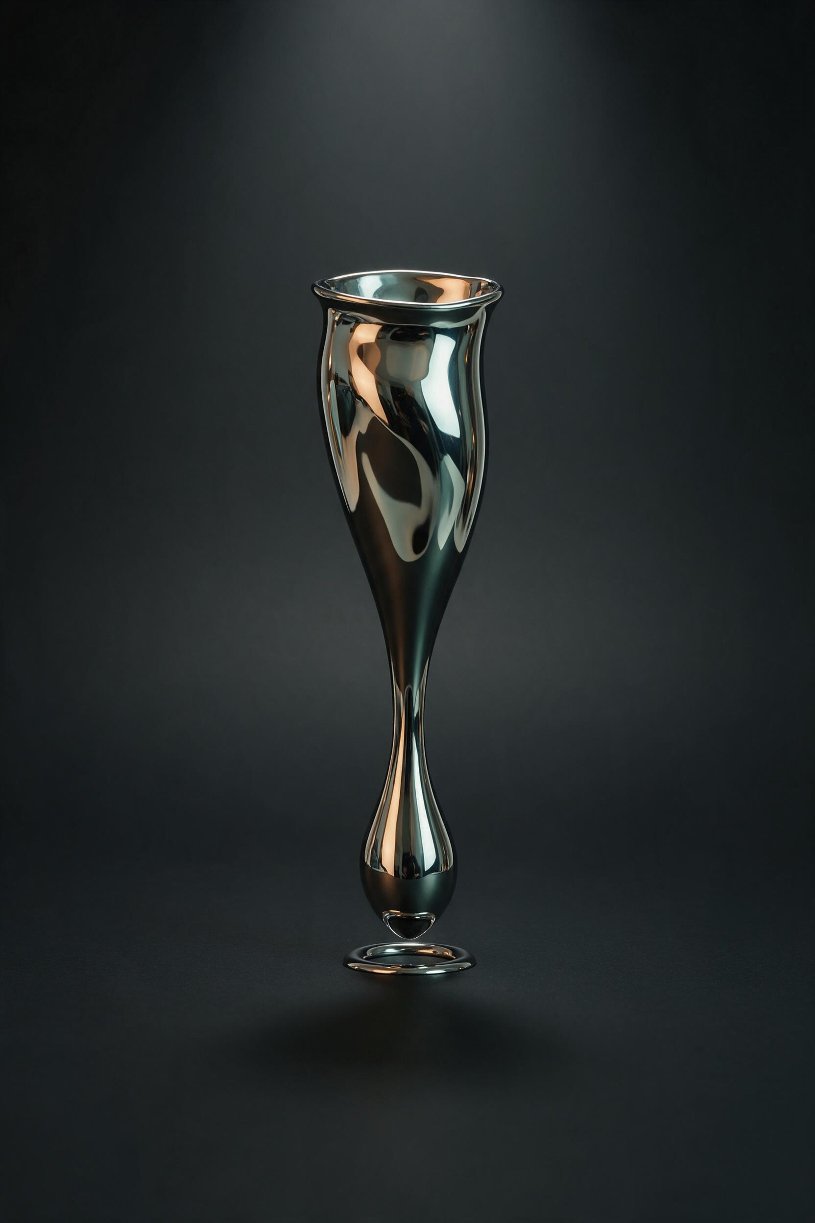 Minimalist liquid metal sculpture frozen mid-drip, smooth chrome surface reflecting fragmented warm amber and cool teal light, dark matte background, soft studio lighting with a single overhead beam creating subtle gradient, clean composition centered with negative space, no text or logos.