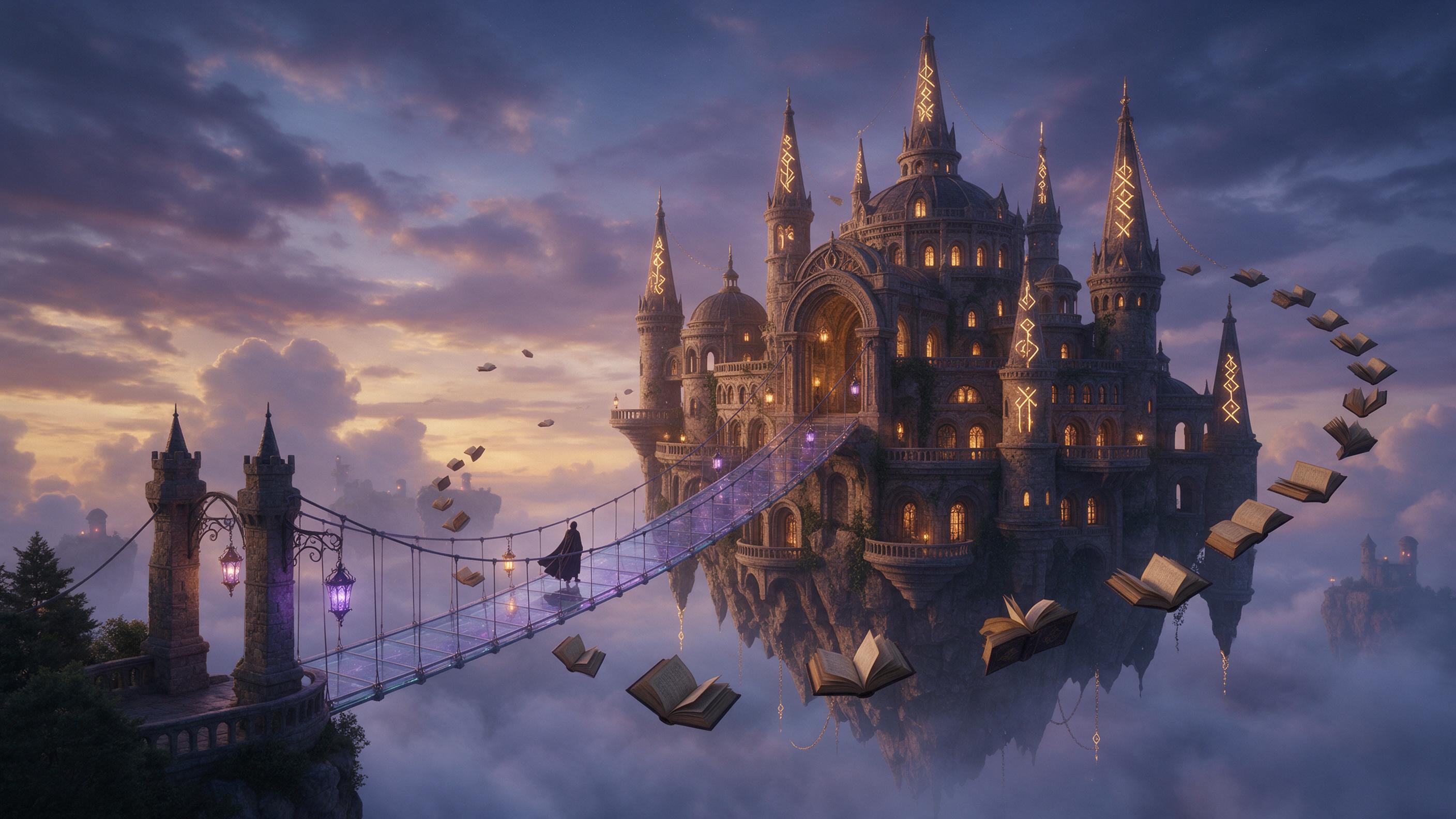 An ancient floating library amid a cloudy twilight sky, golden runes glimmer on stone spires, books spiral like birds, soft purple and amber glow from wrought-iron lanterns, a lone silhouette on a glass bridge, mist below, cinematic wide shot, ethereal atmosphere, no distortion
