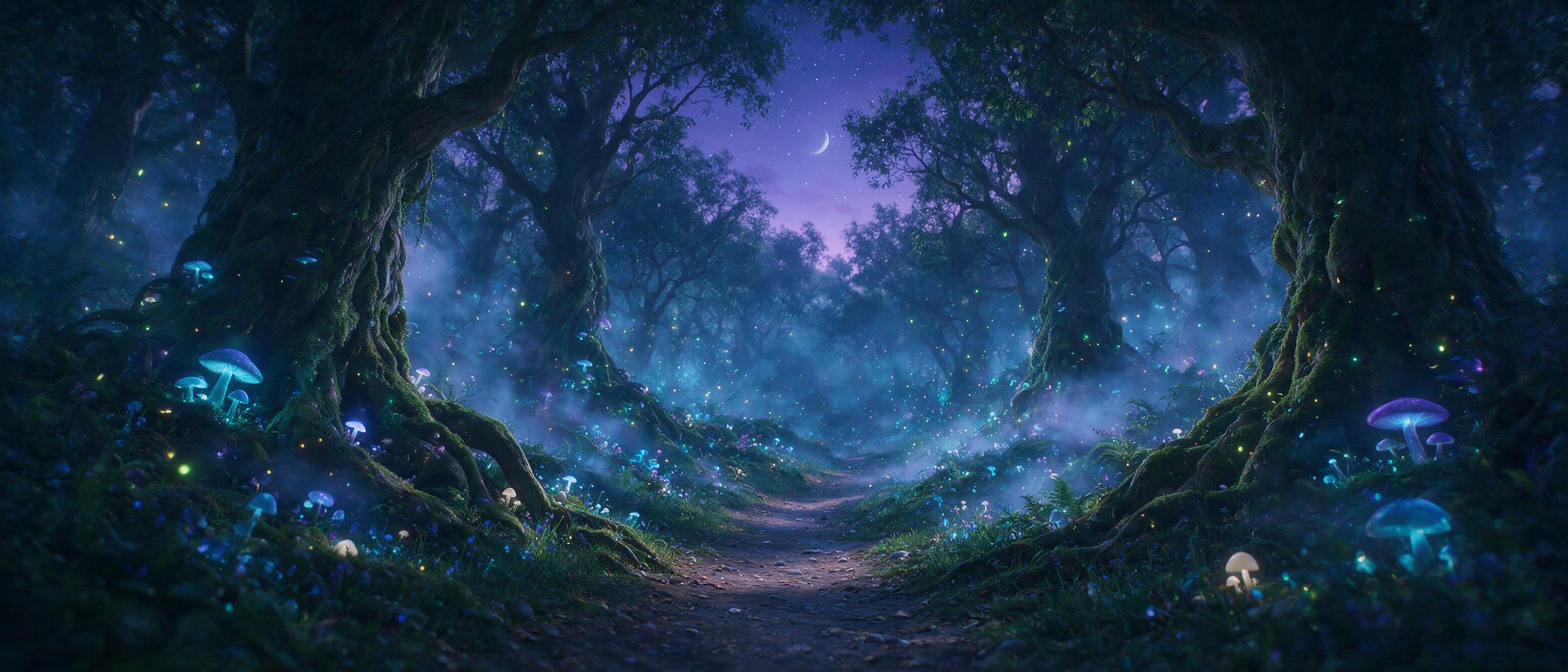 An enchanted forest at twilight, glowing mushrooms and fireflies illuminate a winding path, ancient trees with twisted roots, soft mist rising from the ground, ethereal blue and purple light, gentle fog, peaceful atmosphere, slight camera shake for dreamlike effect, cinematic composition with leadin