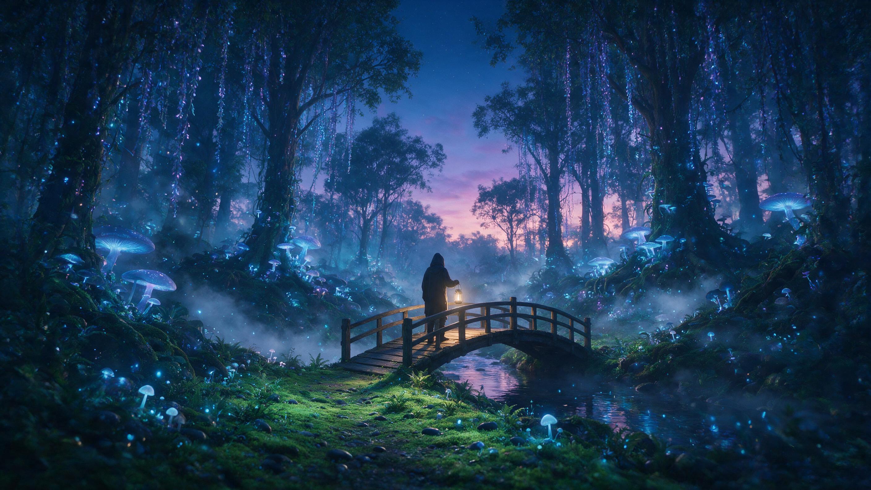 A bioluminescent forest at twilight, where giant glowing mushrooms and hanging vines emit soft blue and violet light, casting long shadows on a mossy path. Mist curls between ancient trees, a small wooden bridge arcs over a reflective stream. A hooded figure with a lantern stands on the bridge, back