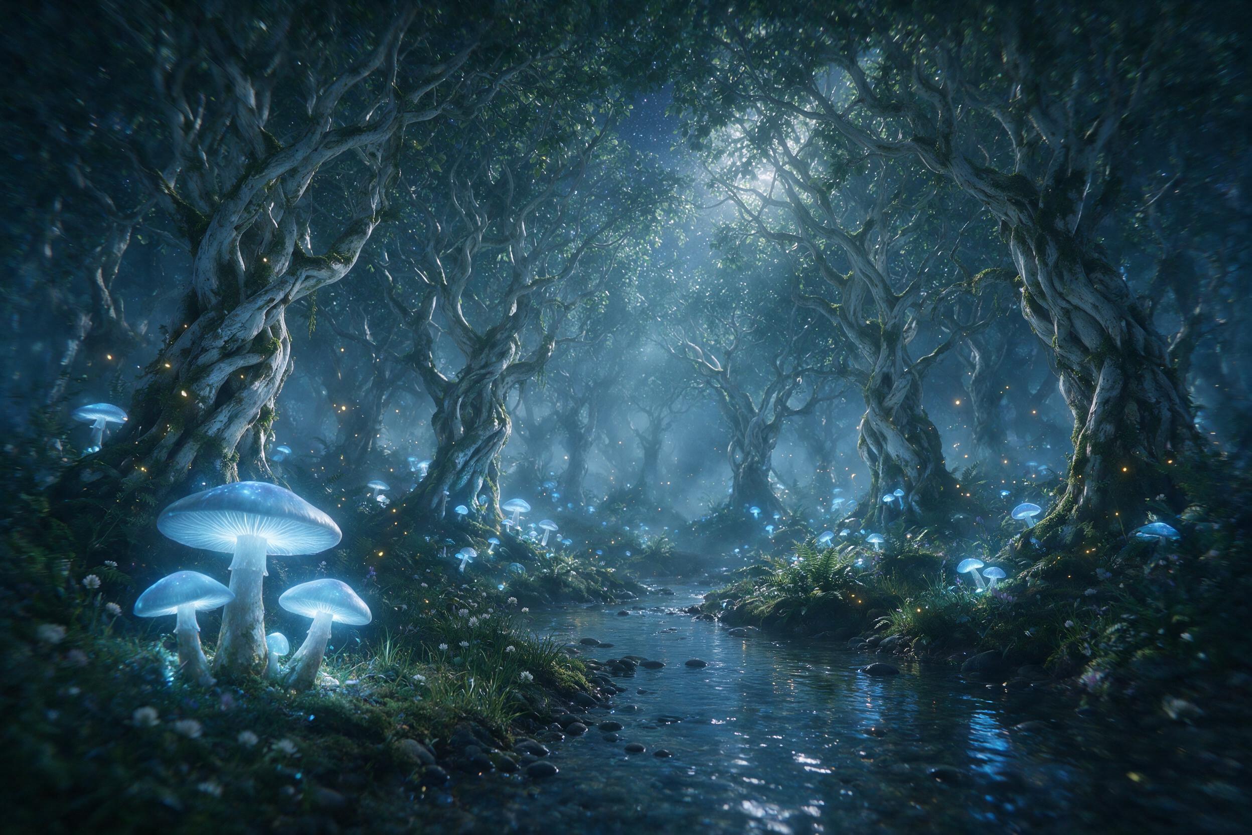 A luminous moonlit forest with massive glowing mushrooms casting soft blue light, delicate fireflies floating in misty air, ancient twisted trees with silver bark, shallow stream reflecting starlight, ethereal atmosphere, slight camera motion blur on edges, soft natural light filtering through canop
