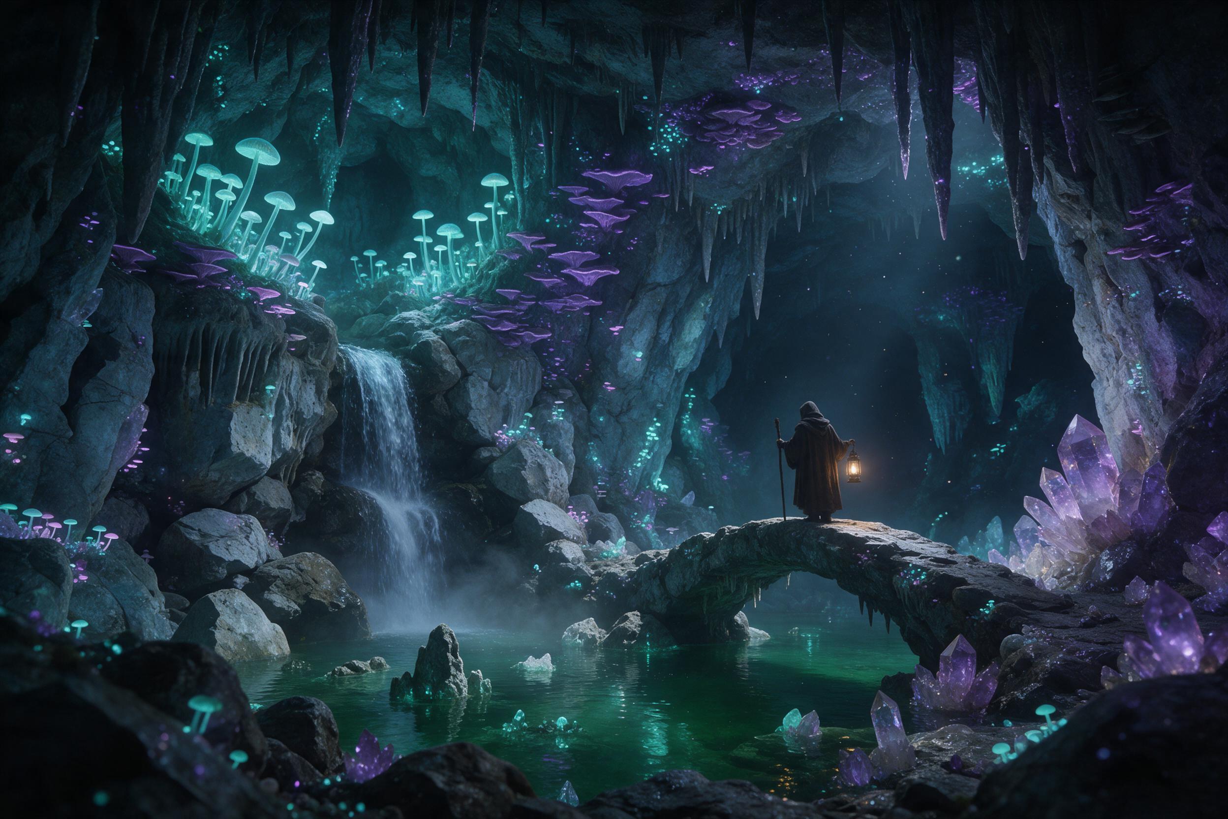 A glowing crystal cavern deep underground, bioluminescent fungi casting soft teal and violet light on jagged rock walls, a small waterfall feeding an emerald pool, delicate mist rising, a lone hooded figure with a lantern standing on a natural stone bridge, dust motes dancing in the multicolored glo