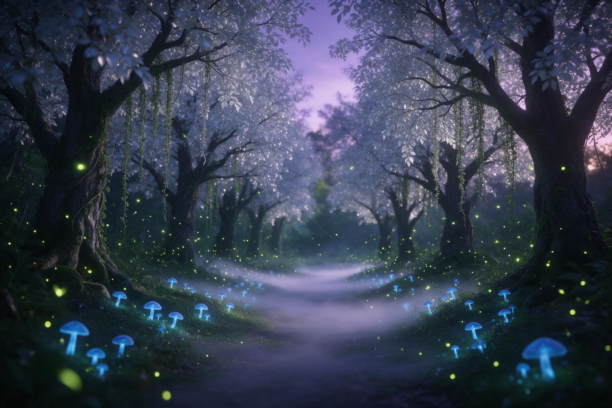 A bioluminescent forest at twilight, ancient trees with silver leaves, glowing blue mushrooms and hanging vines, mist rolling over a winding path, fireflies tracing light trails, soft emerald and violet palette, ethereal atmosphere, gentle depth of field, centered composition, no people.