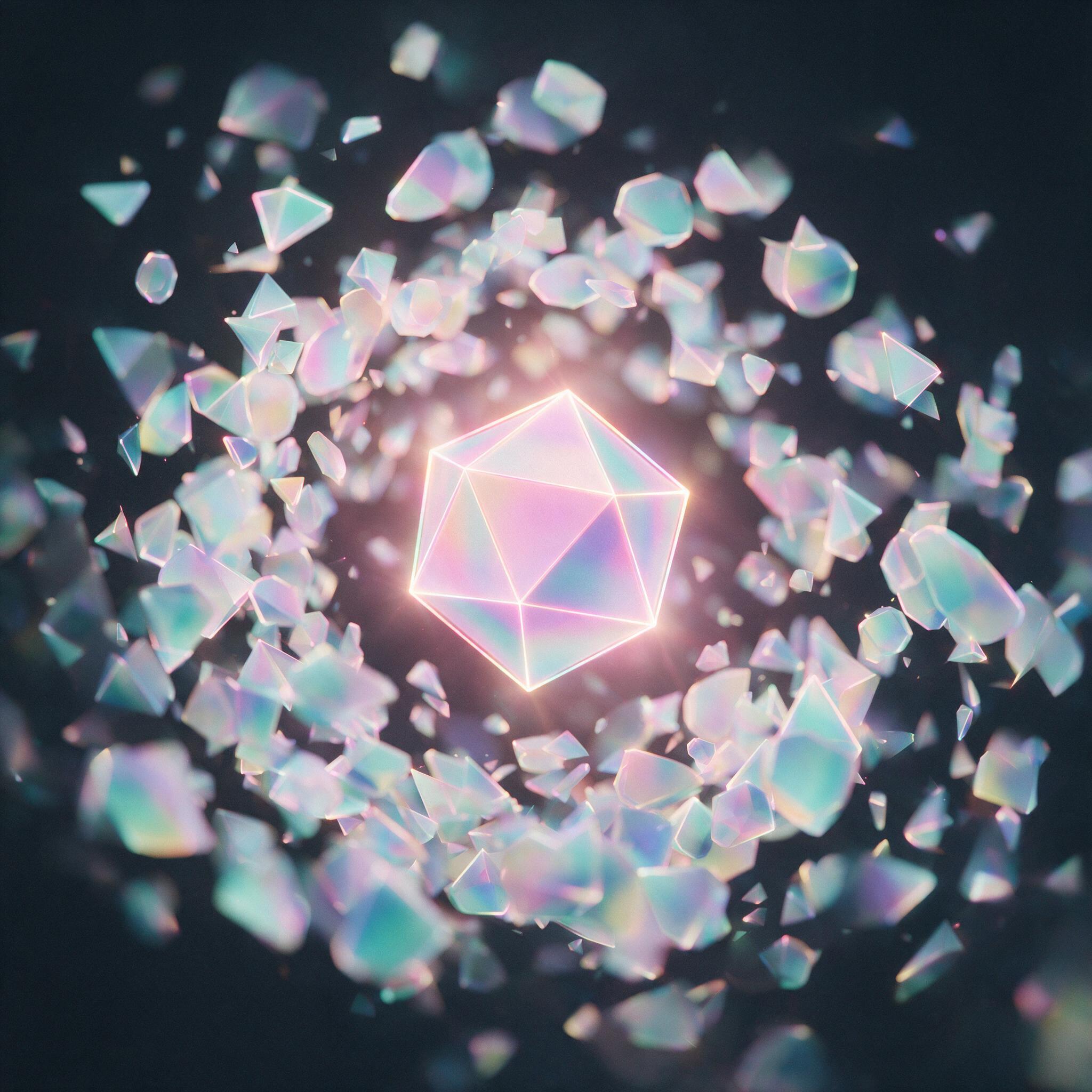 A swirling vortex of translucent geometric shapes in pastel gradients, floating in a dark void, soft neon edge lighting, shallow depth of field with a central focal point of a glowing icosahedron, lens flare adding subtle atmospheric haze, minimal composition with balanced negative space, slight mot
