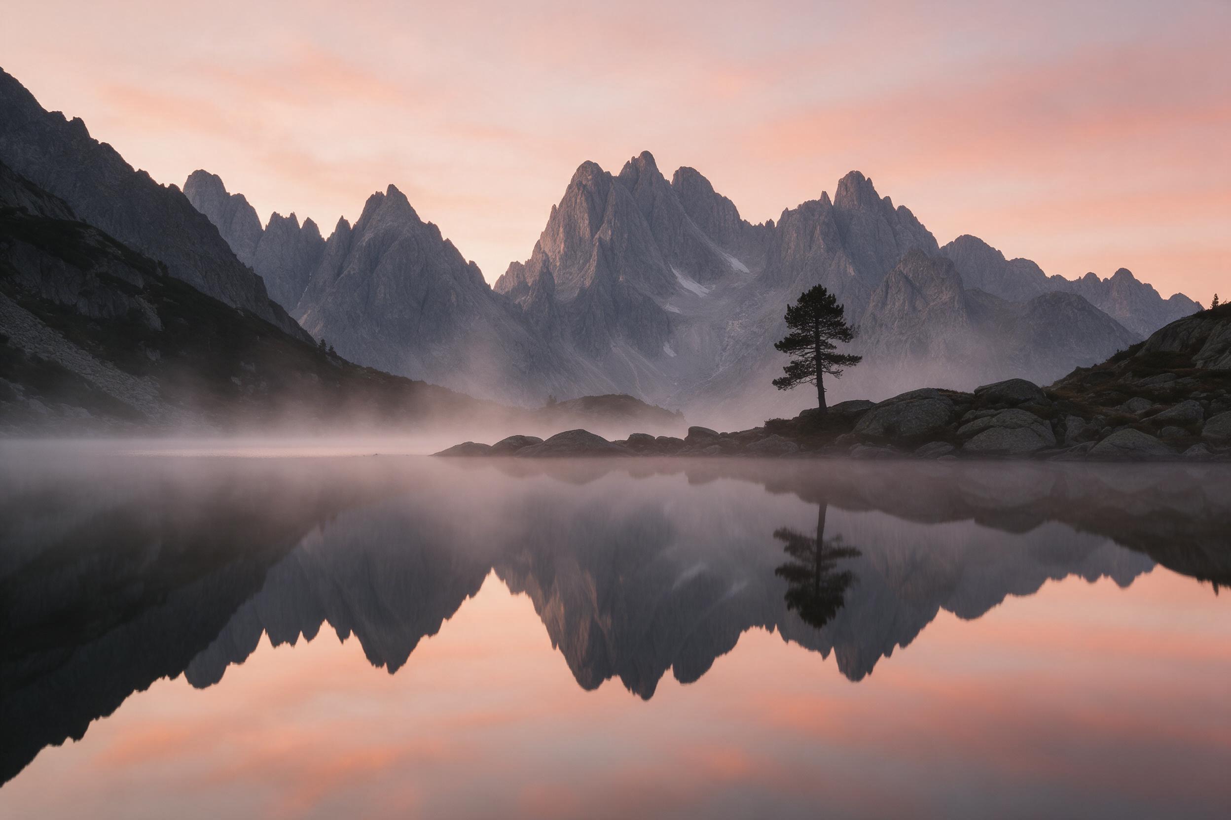 A serene alpine lake at dawn, mirror-still water reflecting jagged granite peaks and a soft pink-orange sky; a lone pine tree silhouette on the rocky shore; gentle mist rising; long-exposure smoothness; natural muted colors; crisp cool air feeling