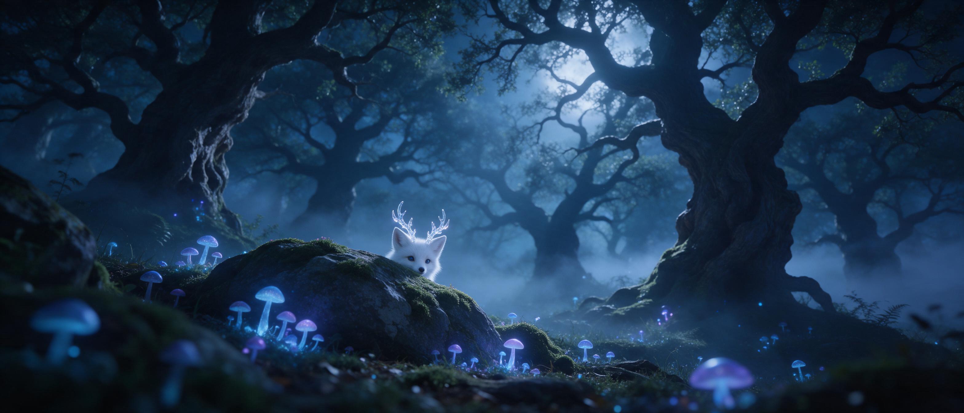A misty moonlit forest where bioluminescent mushrooms emit soft blue and violet glow, ancient twisted oaks, a small white fox with crystal antlers peeking from behind a mossy rock, ethereal fog drifts between trunks, moonlight filters through canopy, cinematic wide shot, shallow depth of field, sere