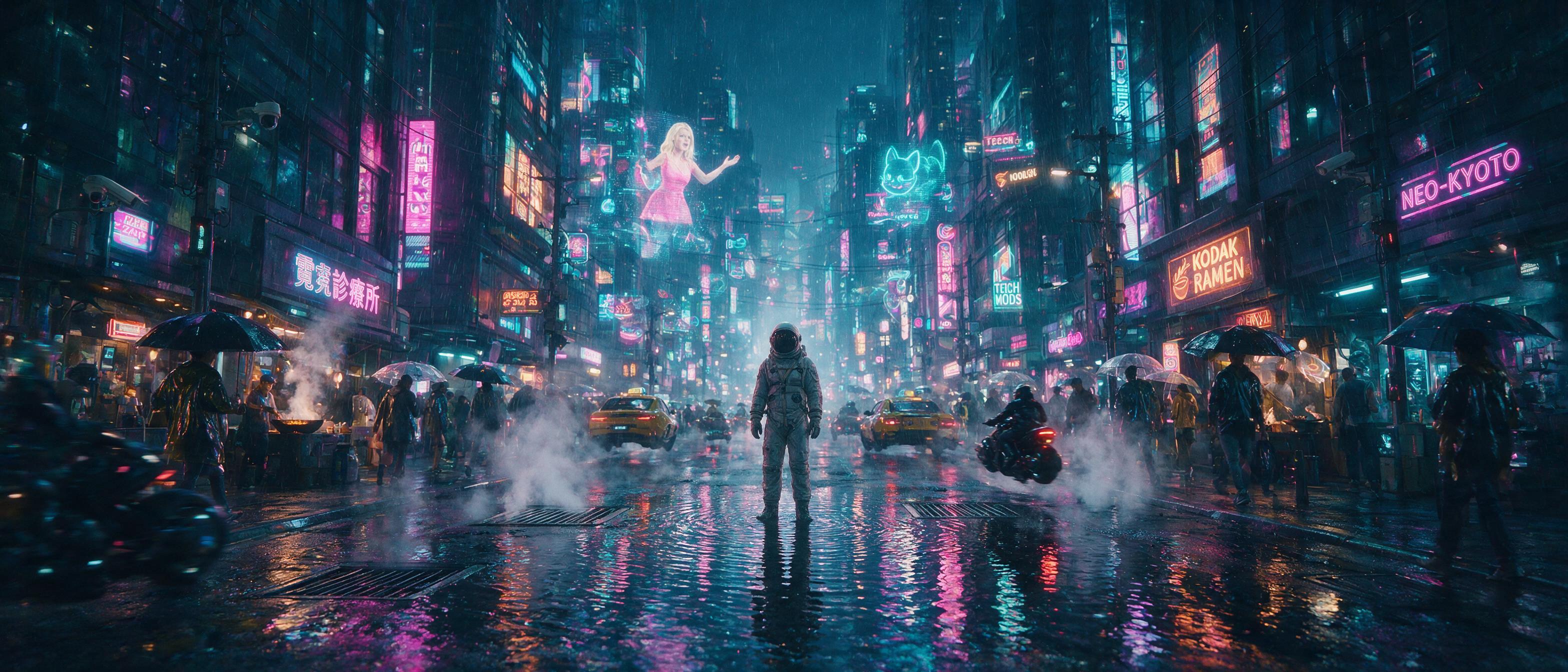 A lone astronaut stands on a rain-soaked cyberpunk street, neon signs reflecting in puddles, holographic advertisements flickering overhead, steam rising from subway grates, dramatic rim lighting from magenta and cyan signs, slight motion blur on passing hover vehicles, cinematic composition with th