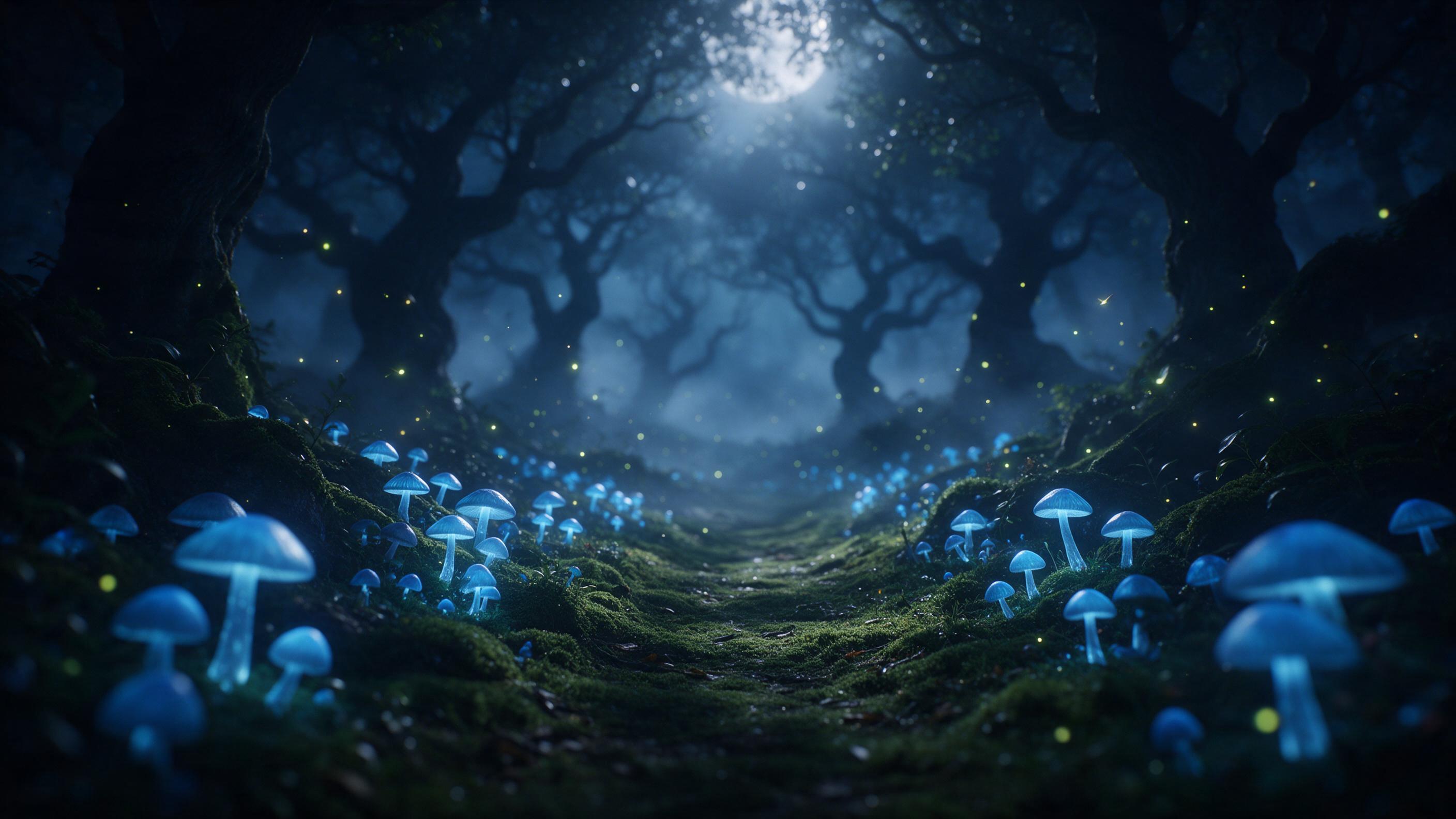 A moonlit enchanted forest with glowing blue mushrooms lining a mossy path, silhouettes of ancient twisted trees, soft mist curling between trunks, fireflies drifting, silver light filtering through canopy, serene magical atmosphere, shallow depth of field.